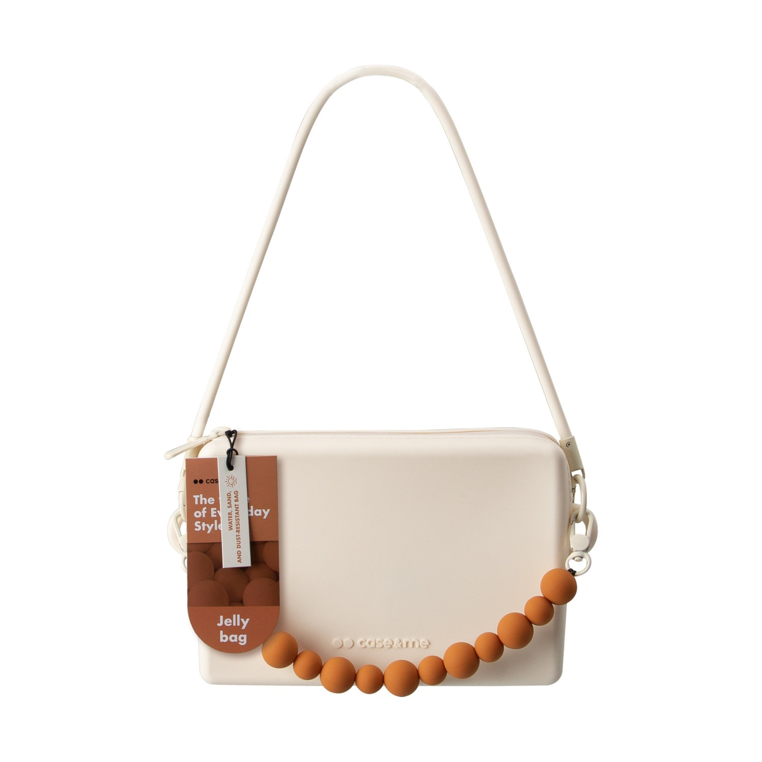 Un bolso de gelatina color crema con un amuleto de cuentas naranjas y una etiqueta que dice 'Jelly bag'.