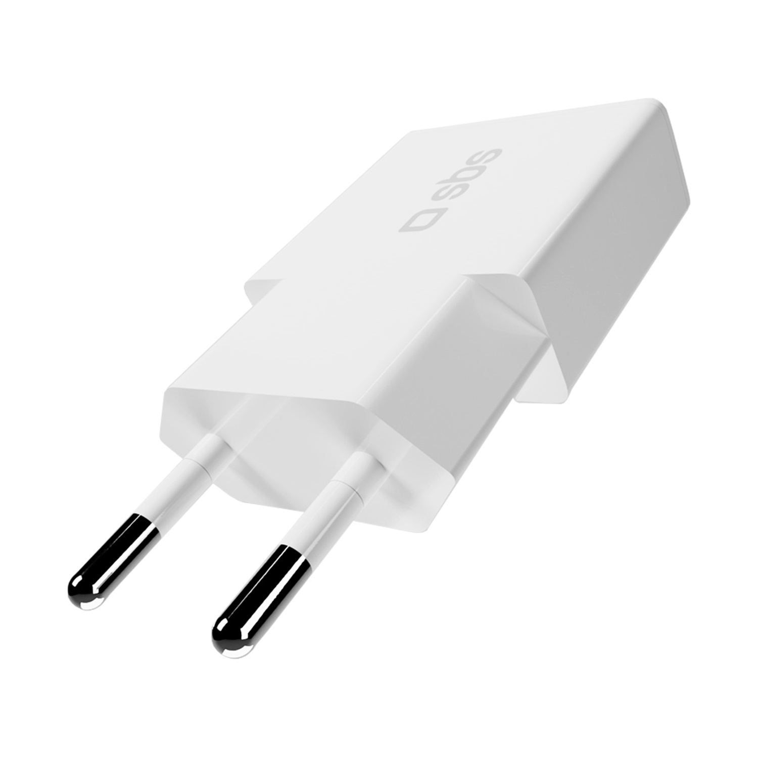 Un adaptador de corriente blanco con dos clavijas plateadas y puntas negras.