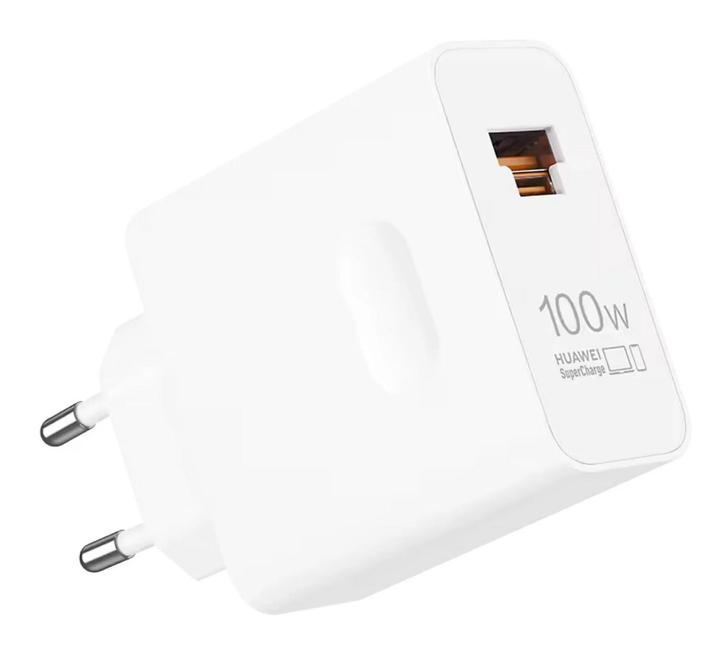İki USB bağlantı noktalı beyaz Huawei 100W SuperCharge şarj cihazı.