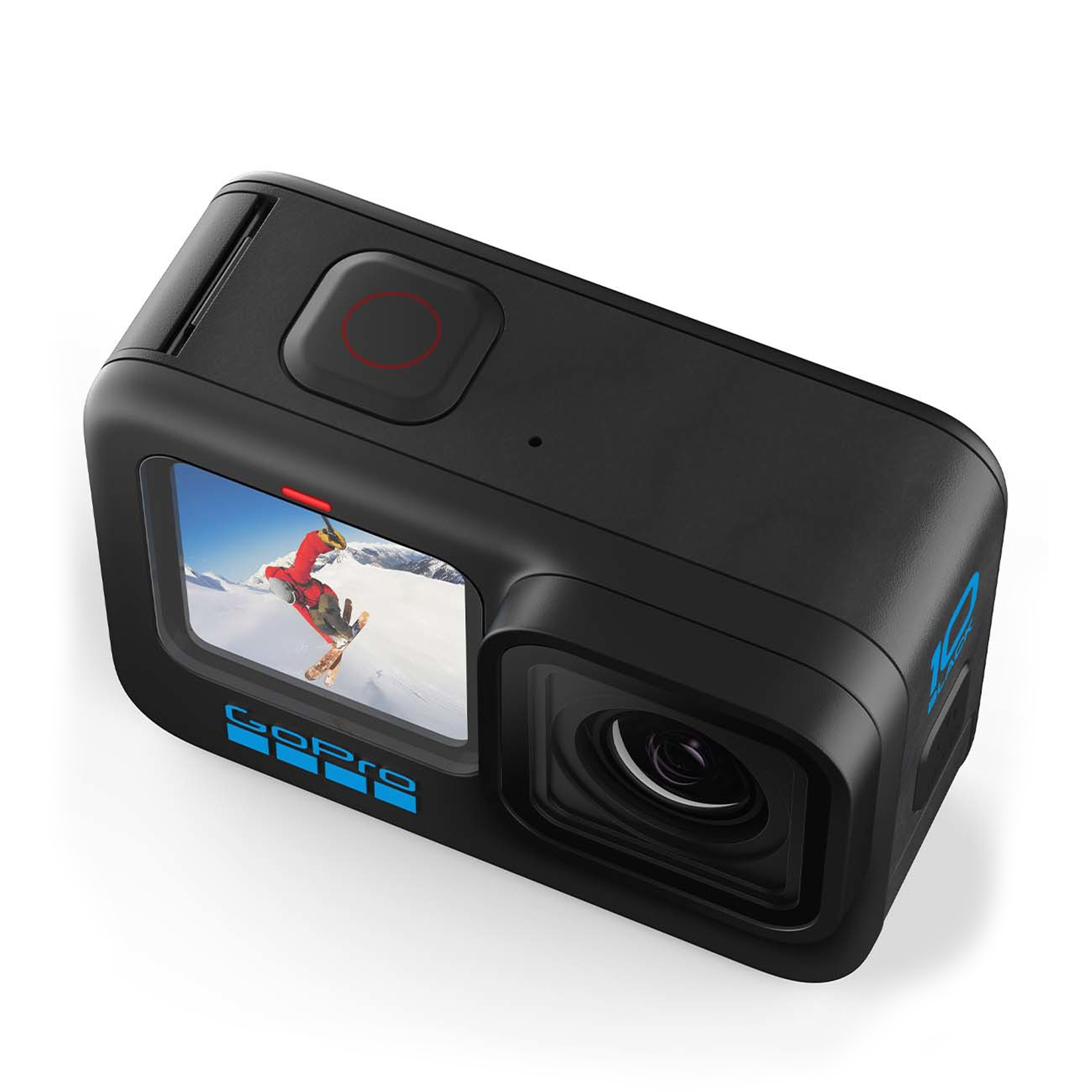 Schwarze GoPro-Kamera mit blauem Logo und Skifahrer-Vorschaubild auf dem Bildschirm.