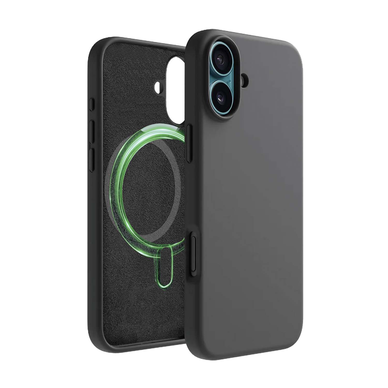 Une coque de téléphone noire avec deux caméras et un anneau vert.