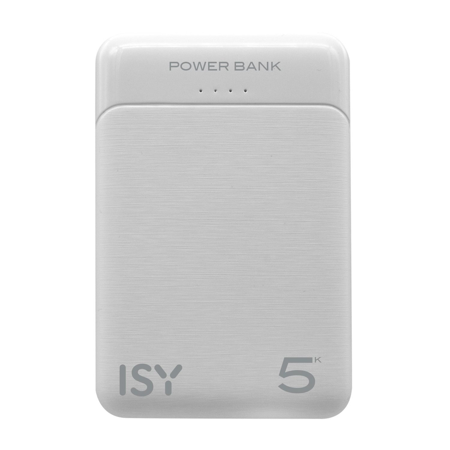 Weiße Powerbank mit geriffeltem Gehäuse, ISY-Logo und 5K-Aufdruck.