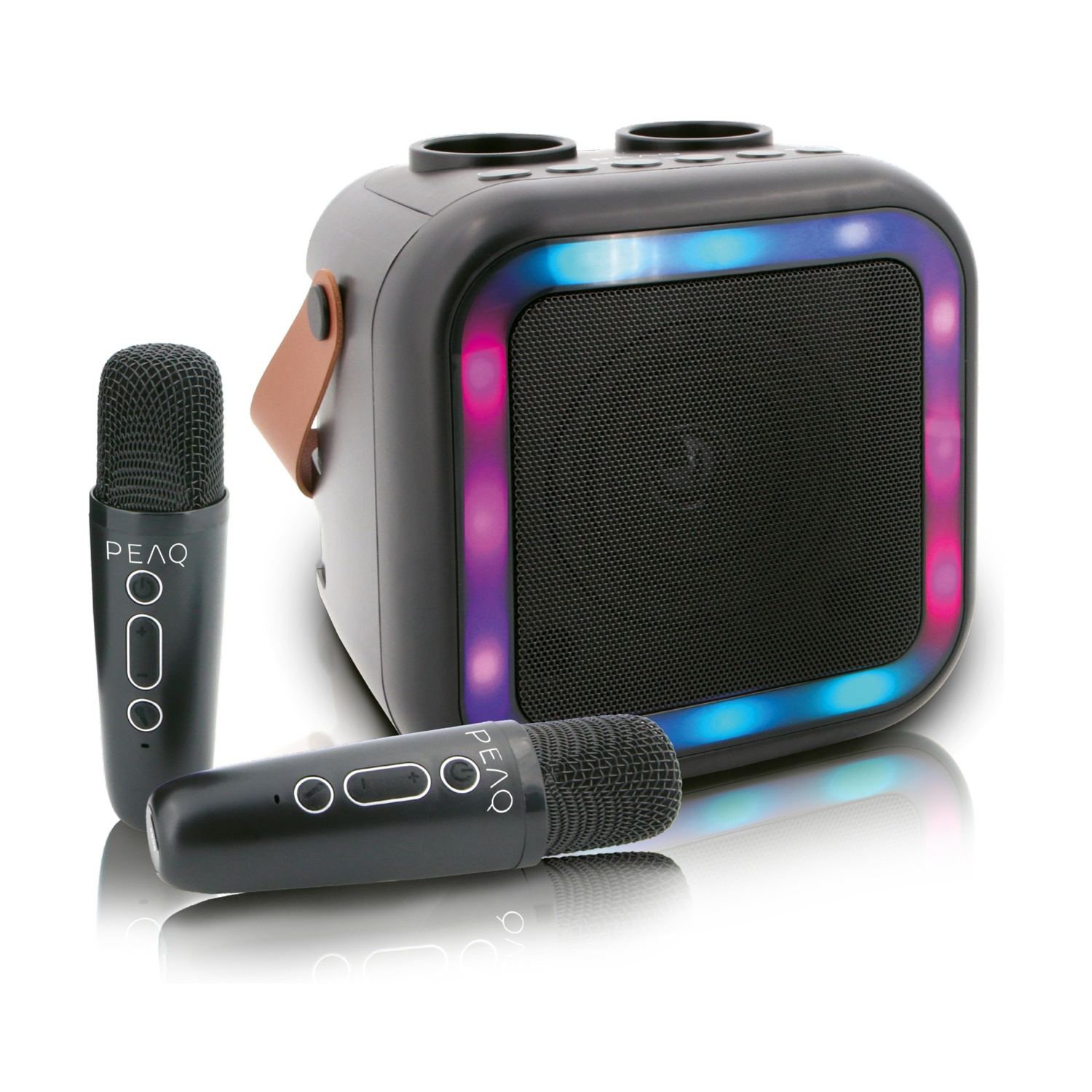 Un altoparlante karaoke nero con luci e due microfoni.