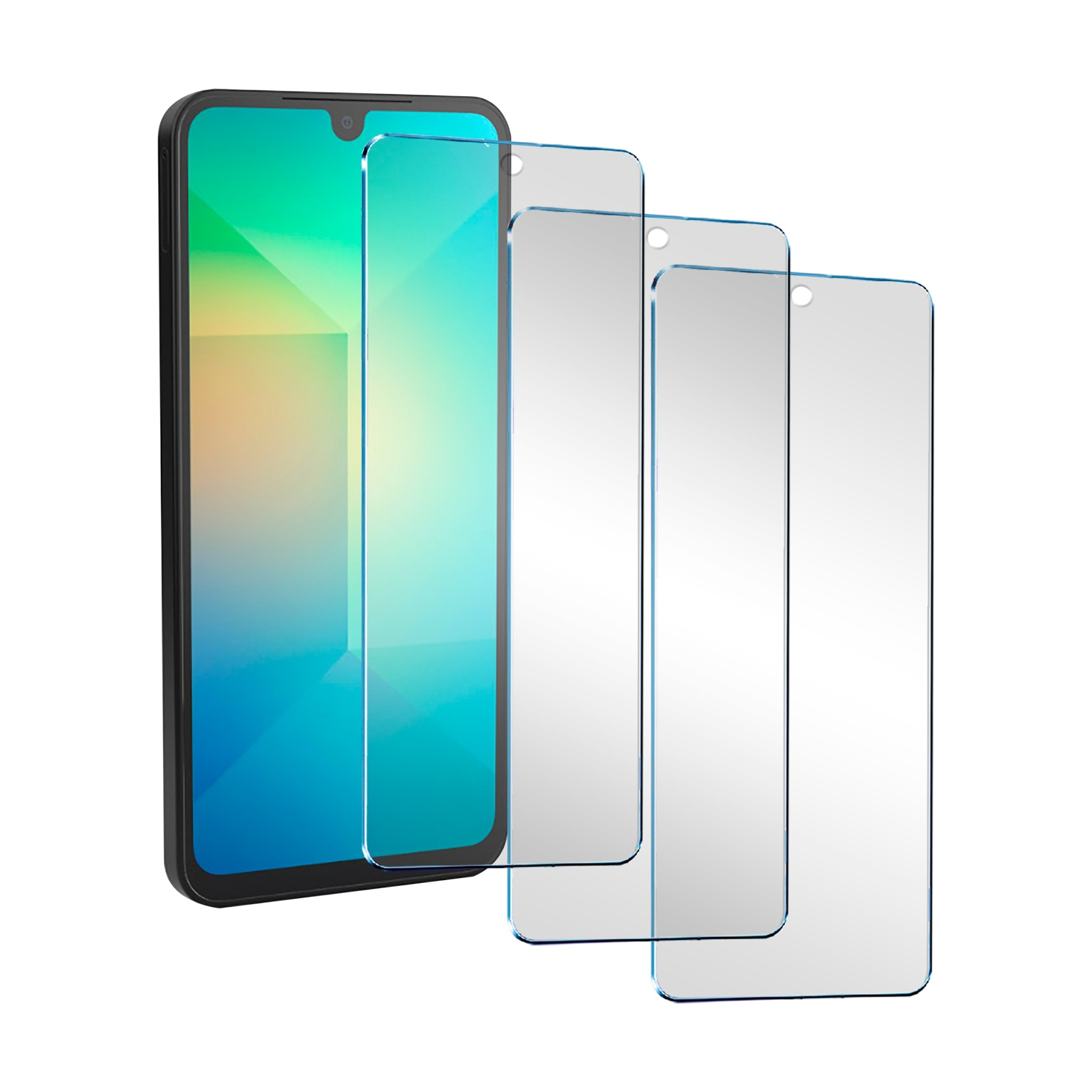 Uno smartphone con display blu e verde parzialmente coperto da tre protezioni schermo.