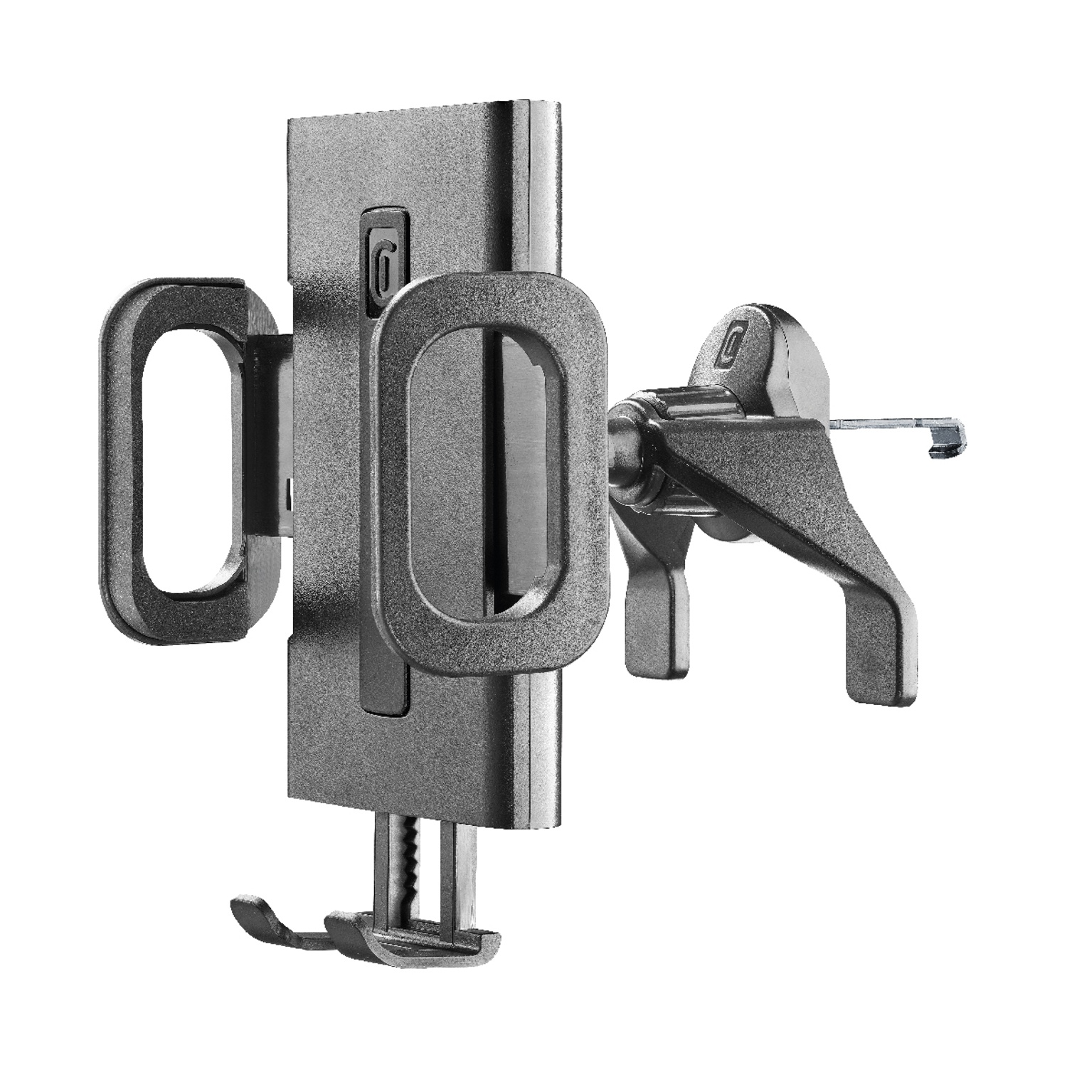 Grauer Handyhalter mit verstellbaren Klammern für Lüftungsschlitze.