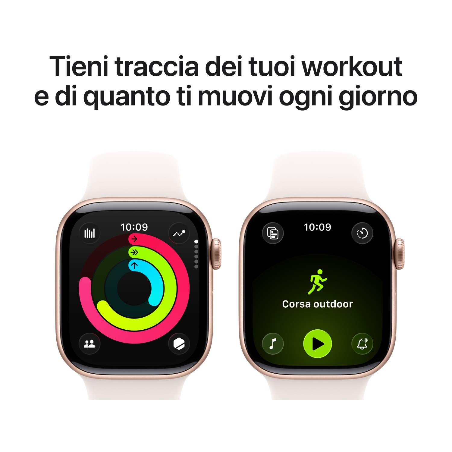Dwa zegarki Apple Watch wyświetlają dane fitness i aplikację.