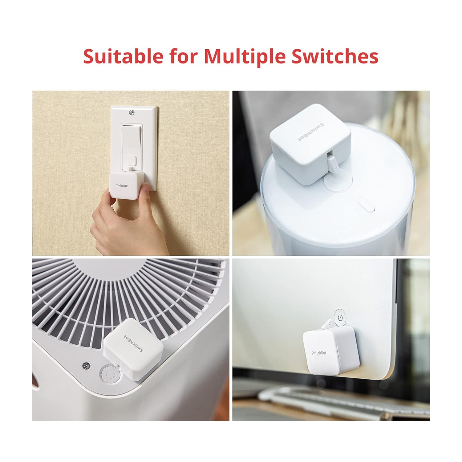 Ein SwitchBot wird an Lichtschaltern, Geräten und Monitoren angebracht.