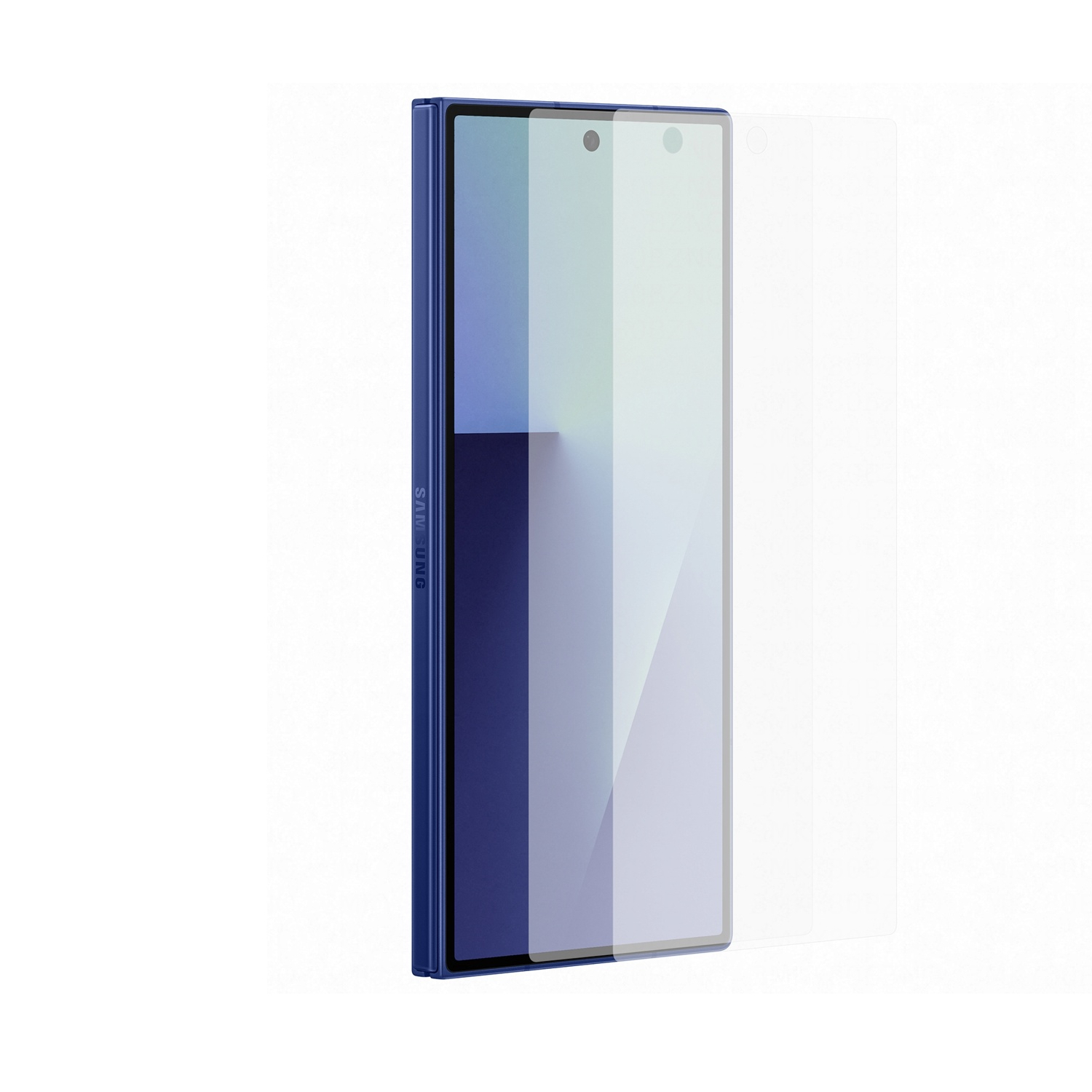 Una protezione schermo blu per smartphone Samsung su sfondo bianco.