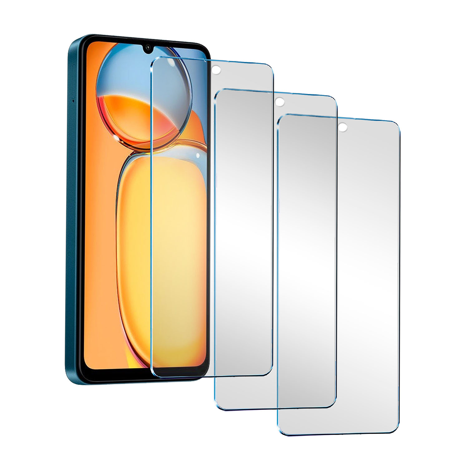 Un smartphone con marco azul y tres protectores de pantalla al lado.