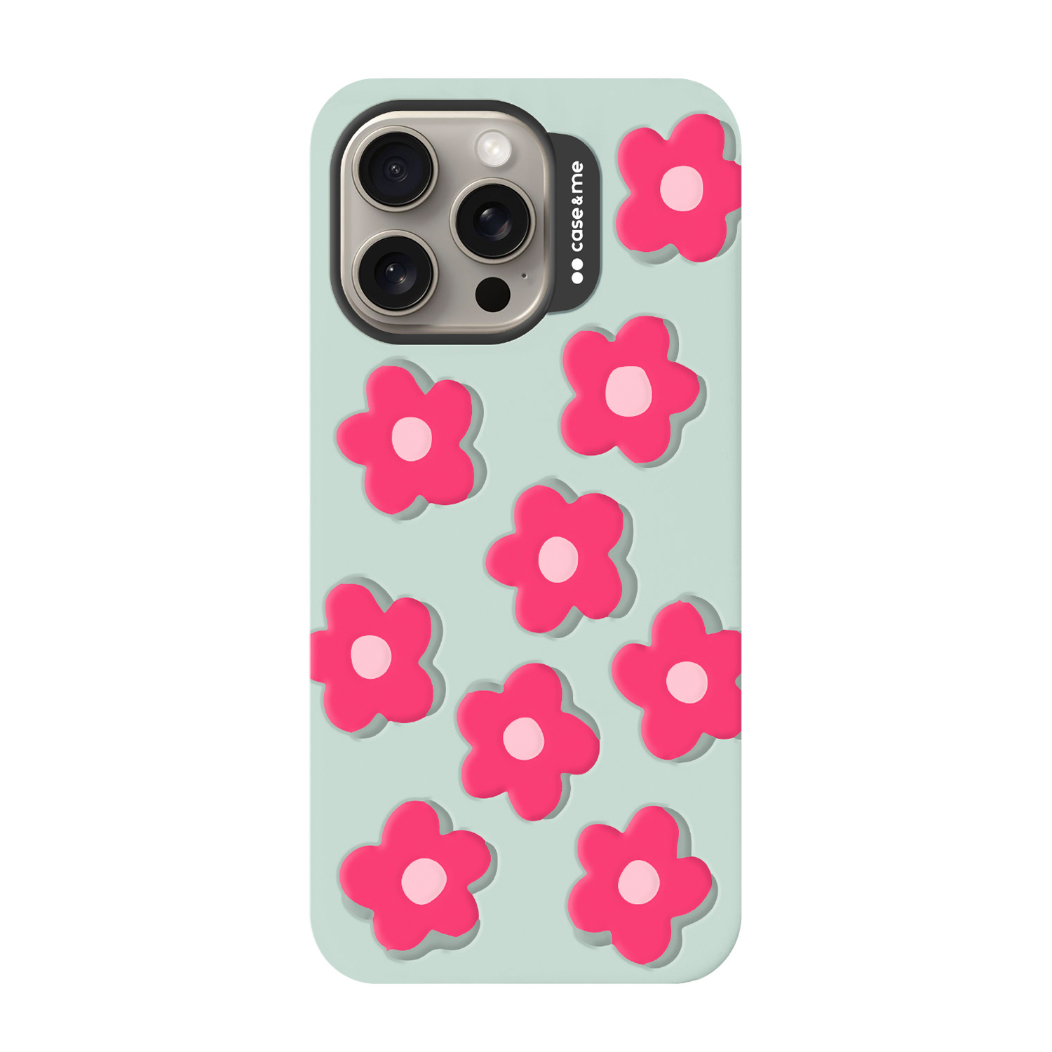 Funda azul claro con flores rosas y módulo de cámara.