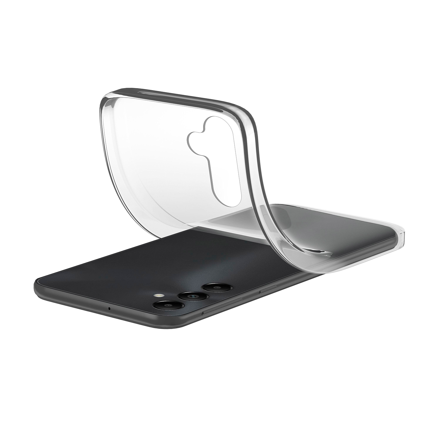 Uno smartphone nero con una custodia protettiva trasparente che si piega.