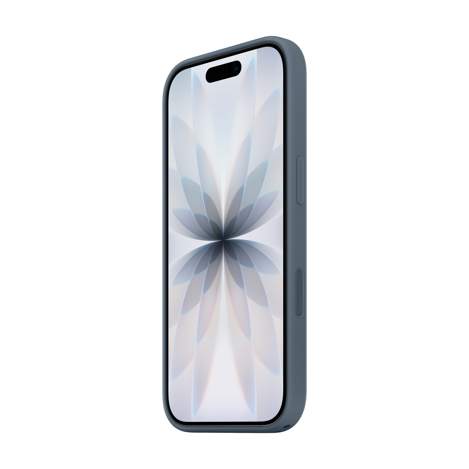 Un telefono grigio-blu con uno sfondo astratto sullo schermo.