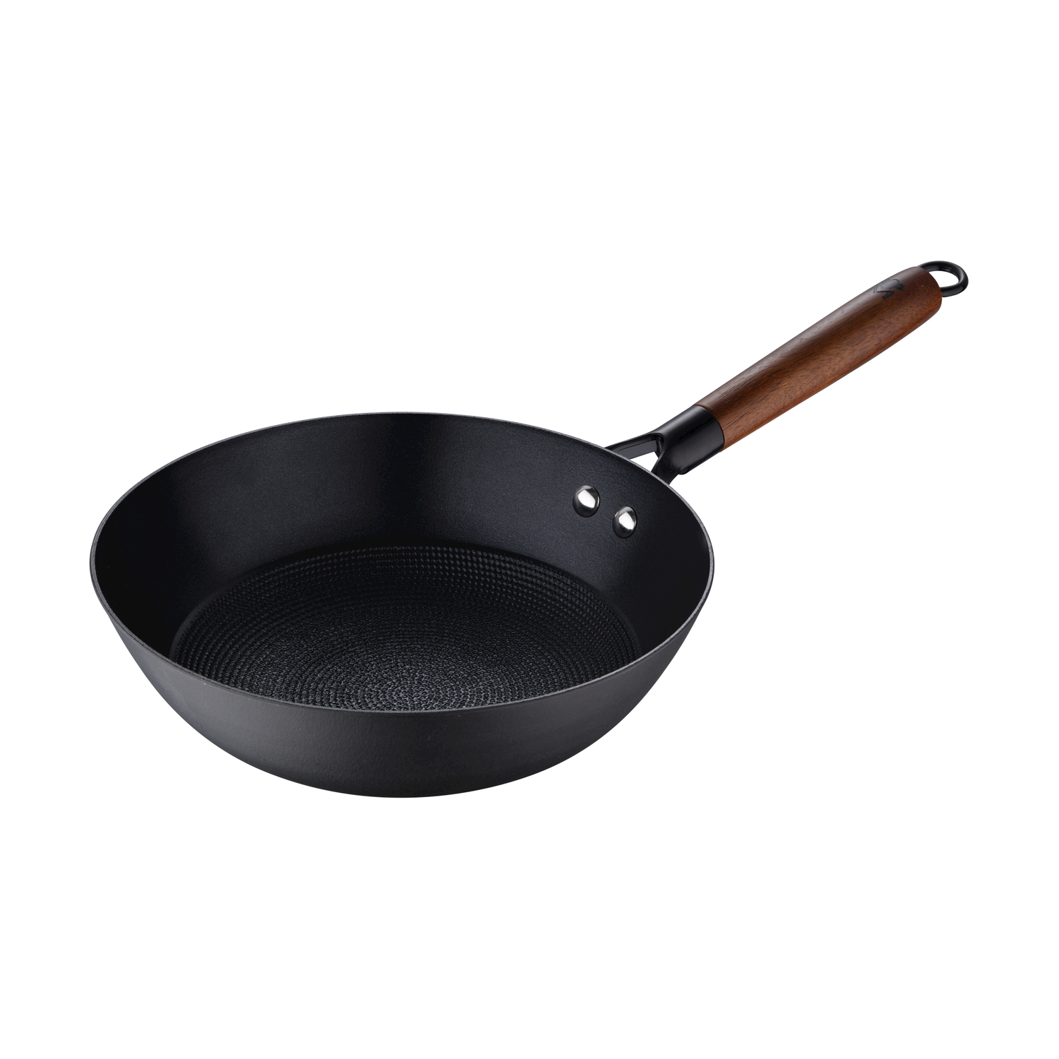 Sartén negra con mango de madera y gancho.