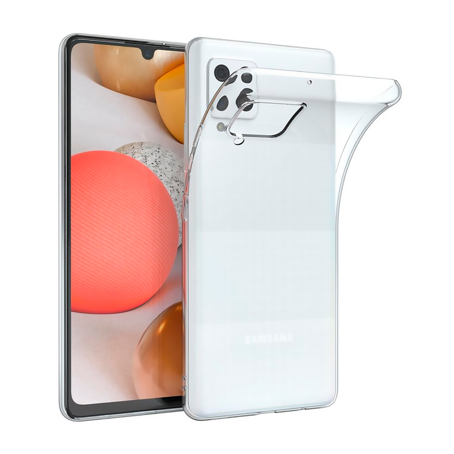 Una cover trasparente per telefono su sfondo bianco, che protegge uno smartphone.