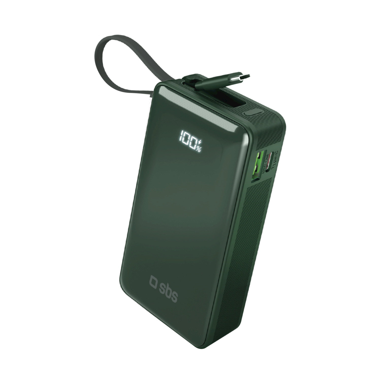 Dunkelgrünes SBS Powerbank mit 100% Akkuanzeige und USB-C-Kabel.
