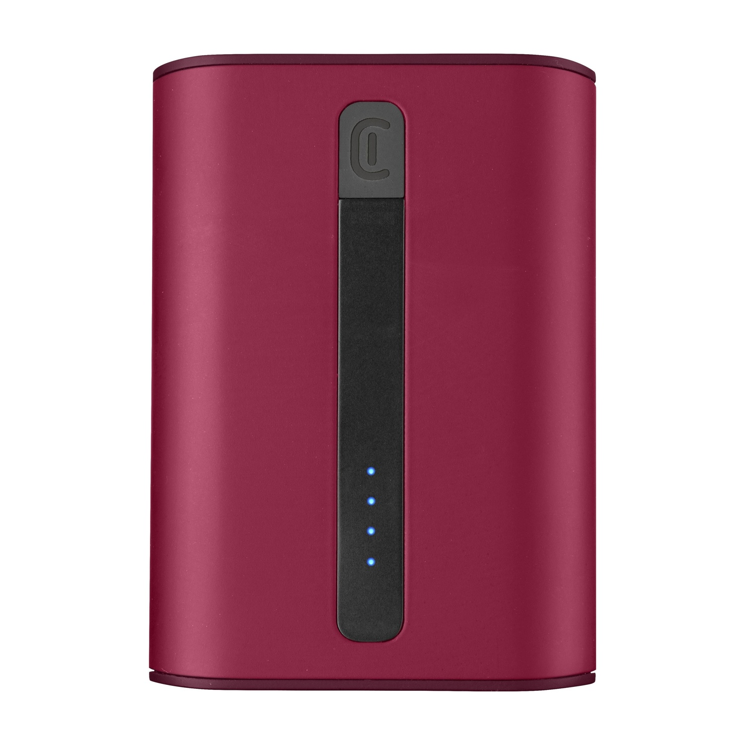 Ein rotes Ladegerät mit vier blauen Lichtern und einem Logo.