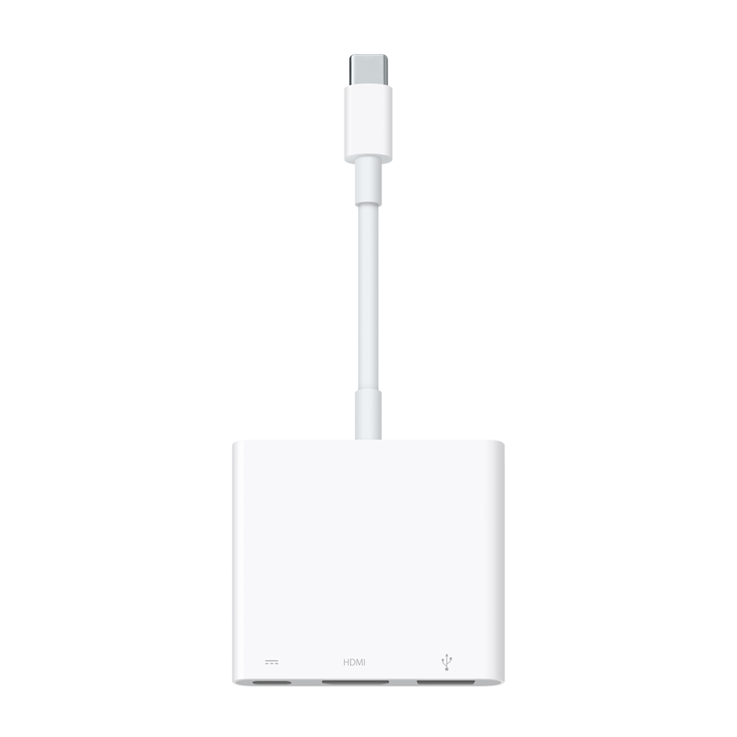 Ein weißer Adapter mit USB-C, HDMI und USB-A Anschlüssen.