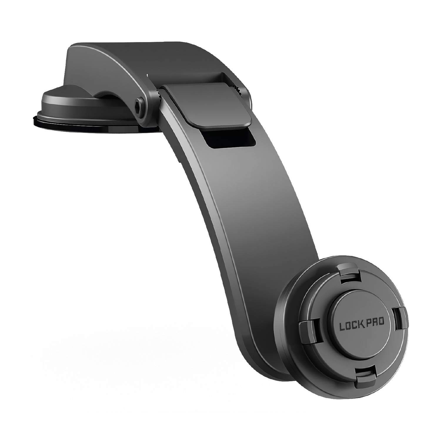Soporte de teléfono gris con ventosa y logo "LOCK PRO".