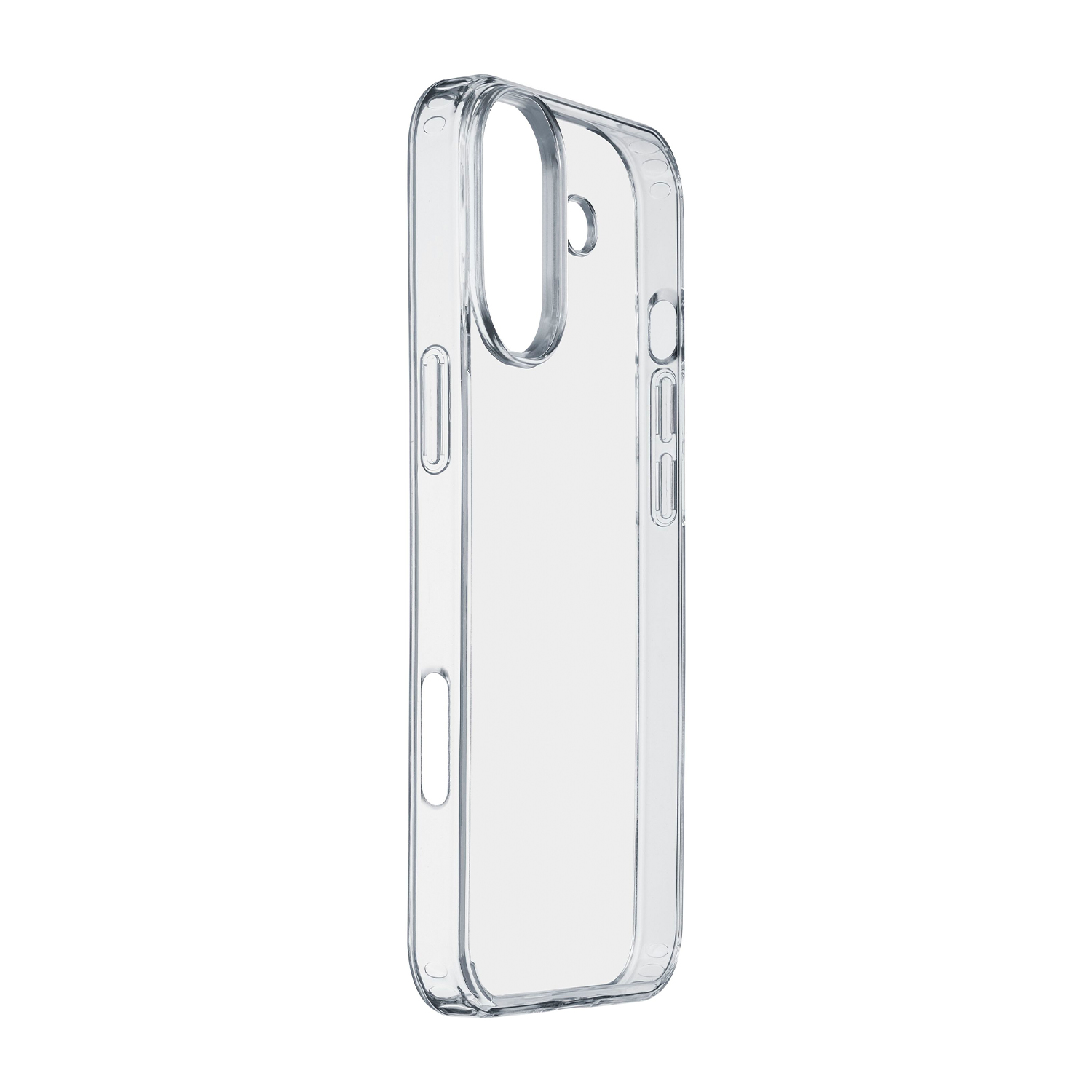Coque de téléphone transparente avec découpes pour objectif et boutons.