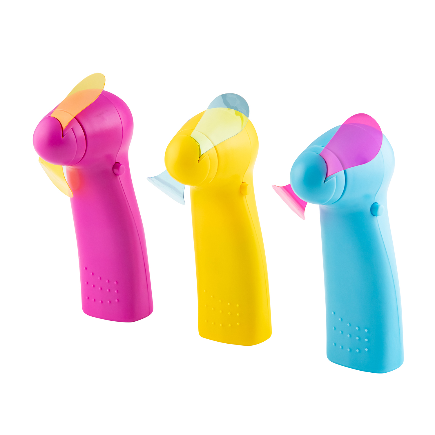 Trzy kolorowe mini wentylatory obok siebie na białym tle.