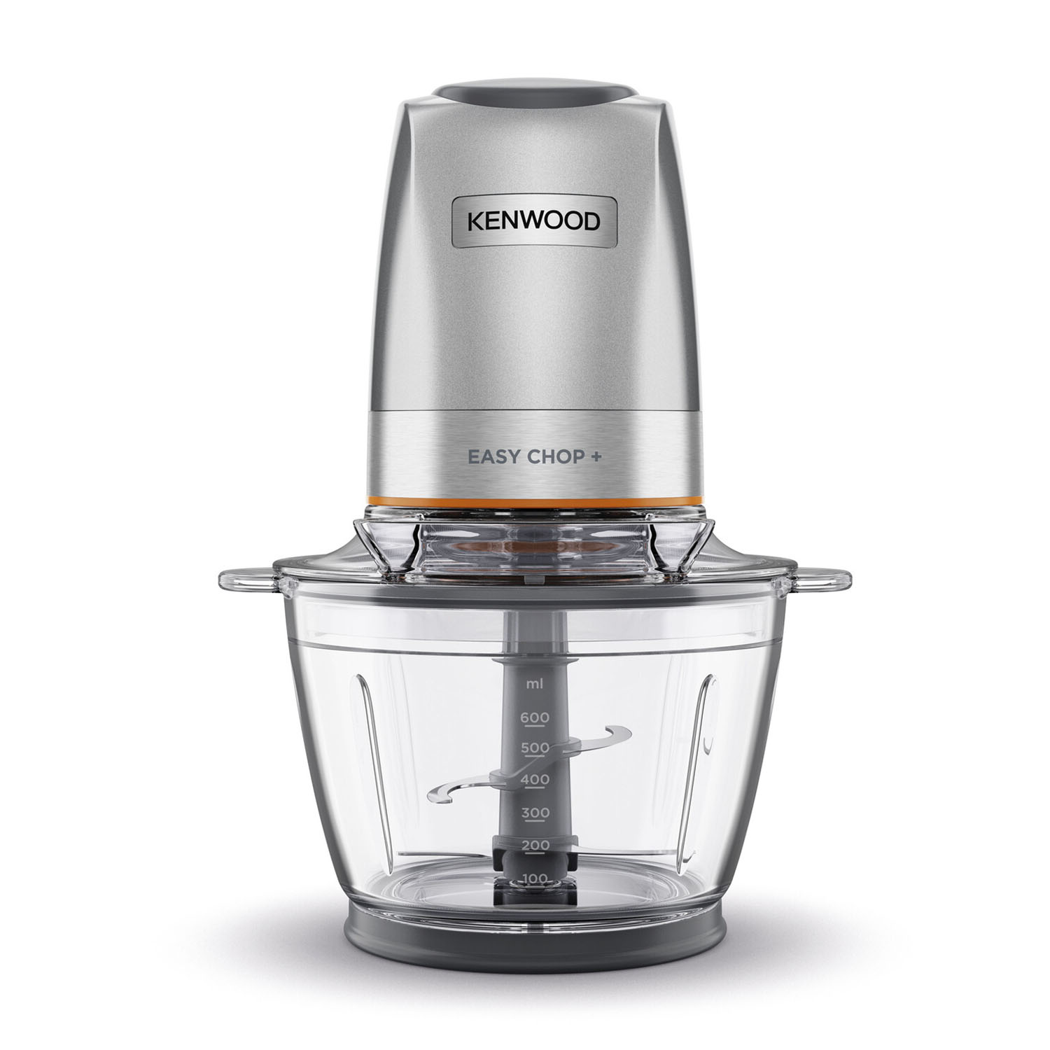 Un picador Kenwood "Easy Chop +" plateado con bol transparente y marcas de medida.