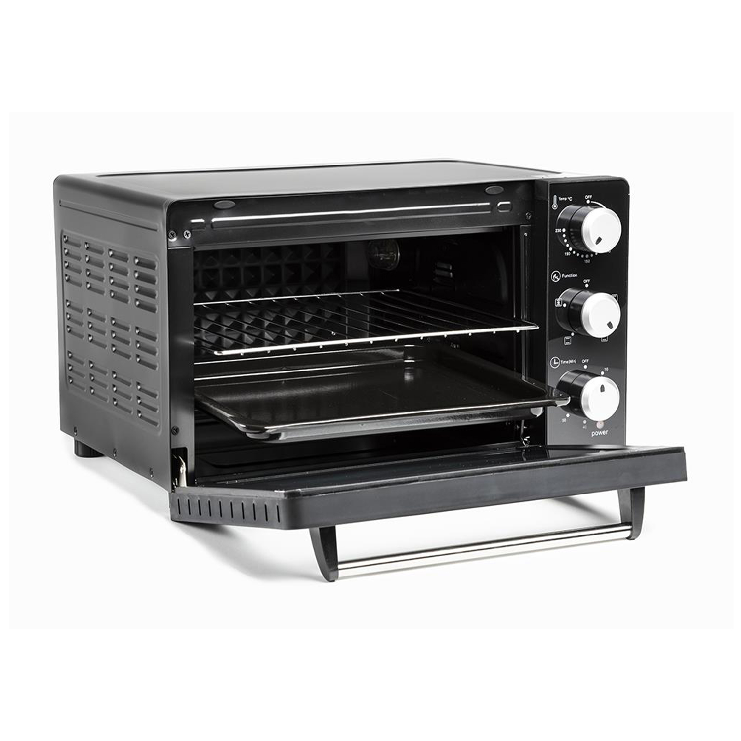 Czarny piekarnik stołowy z otwartymi drzwiami, wewnątrz ruszt i blacha do pieczenia.