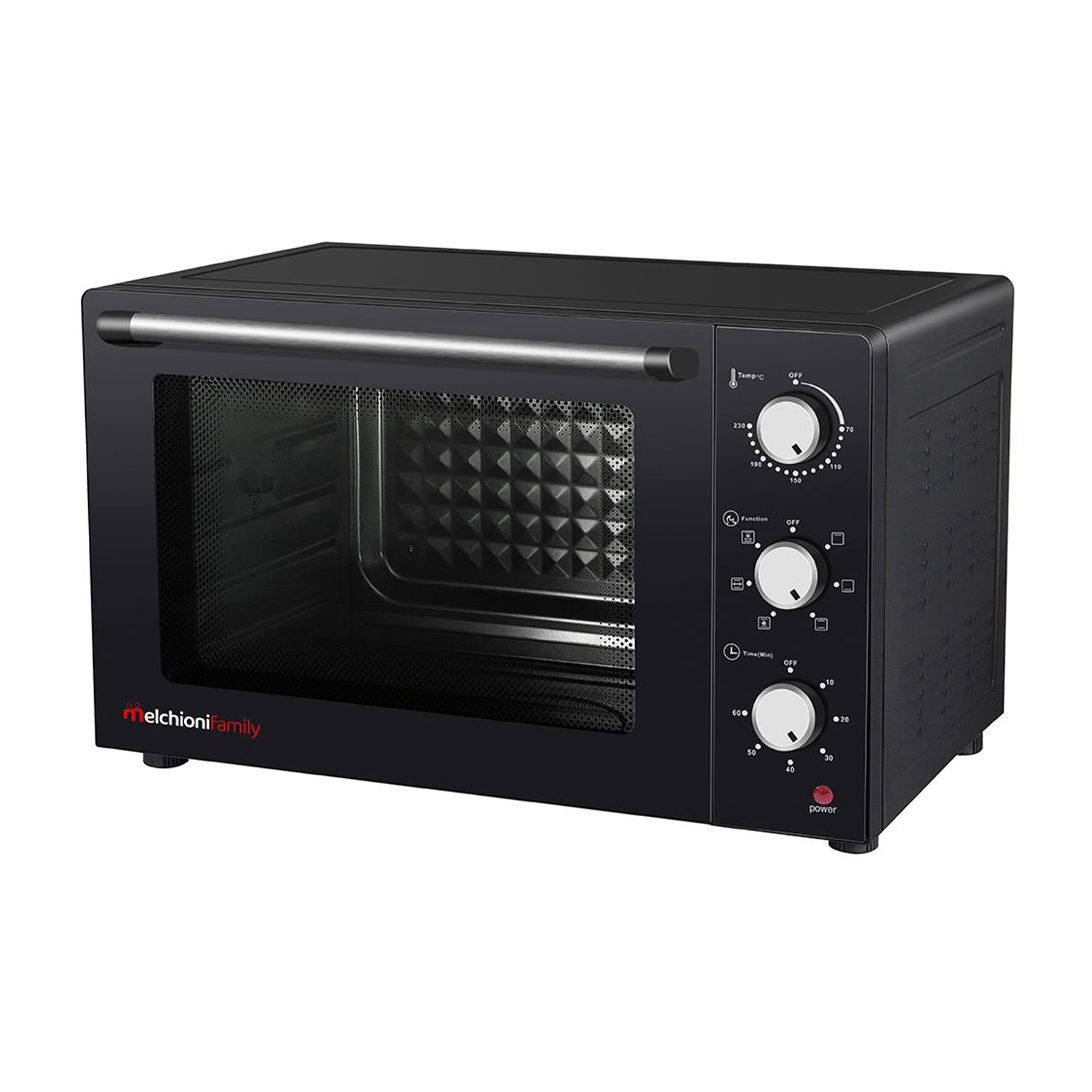 Czarny piekarnik stołowy z srebrną rączką i pokrętłami.