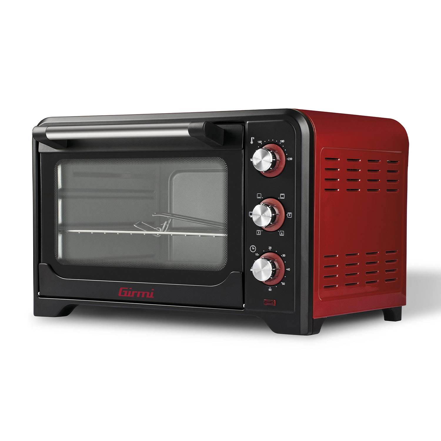 Czerwony mini piekarnik ze srebrnymi pokrętłami i szklanymi drzwiczkami. Logo Girmi.
