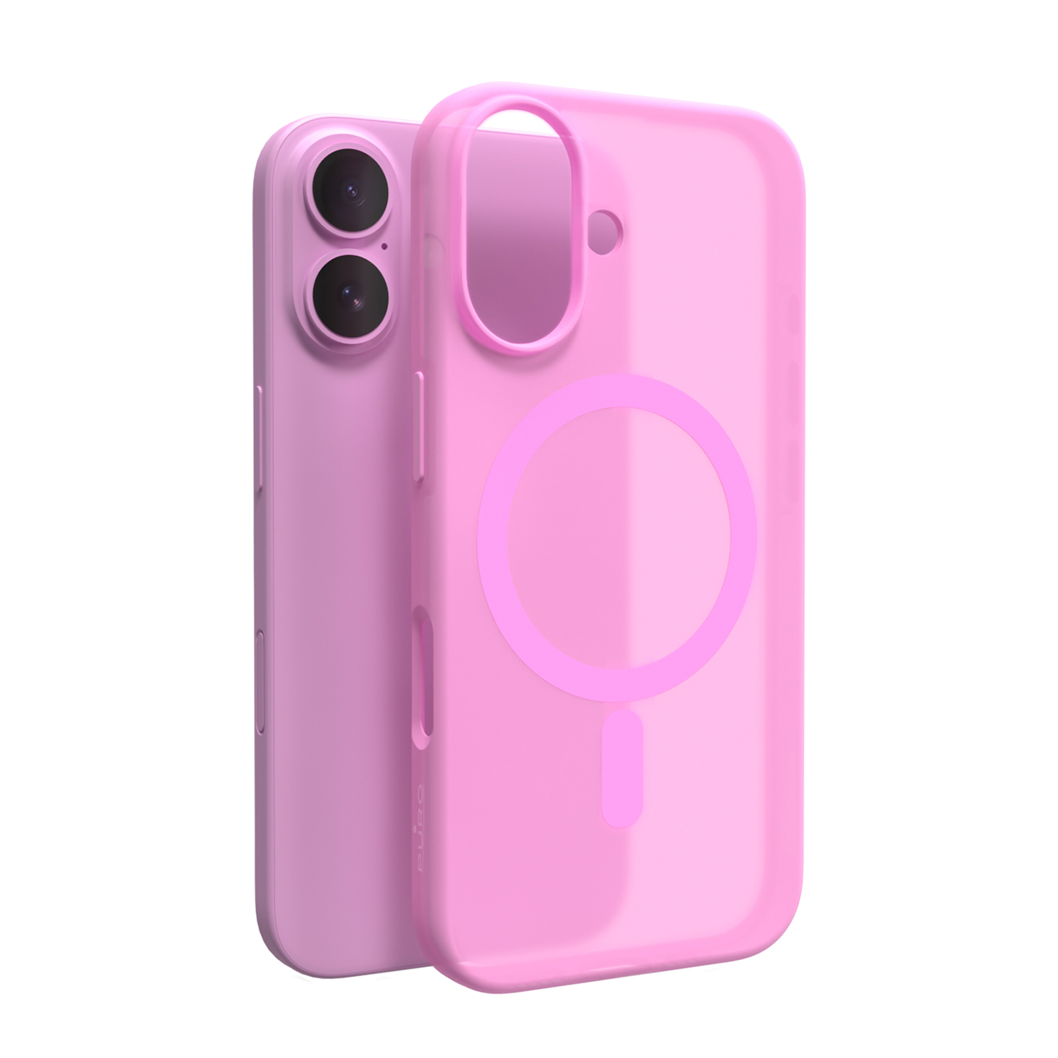 Deux coques de téléphone roses côte à côte, une avec des caméras, l'autre avec un anneau magnétique.