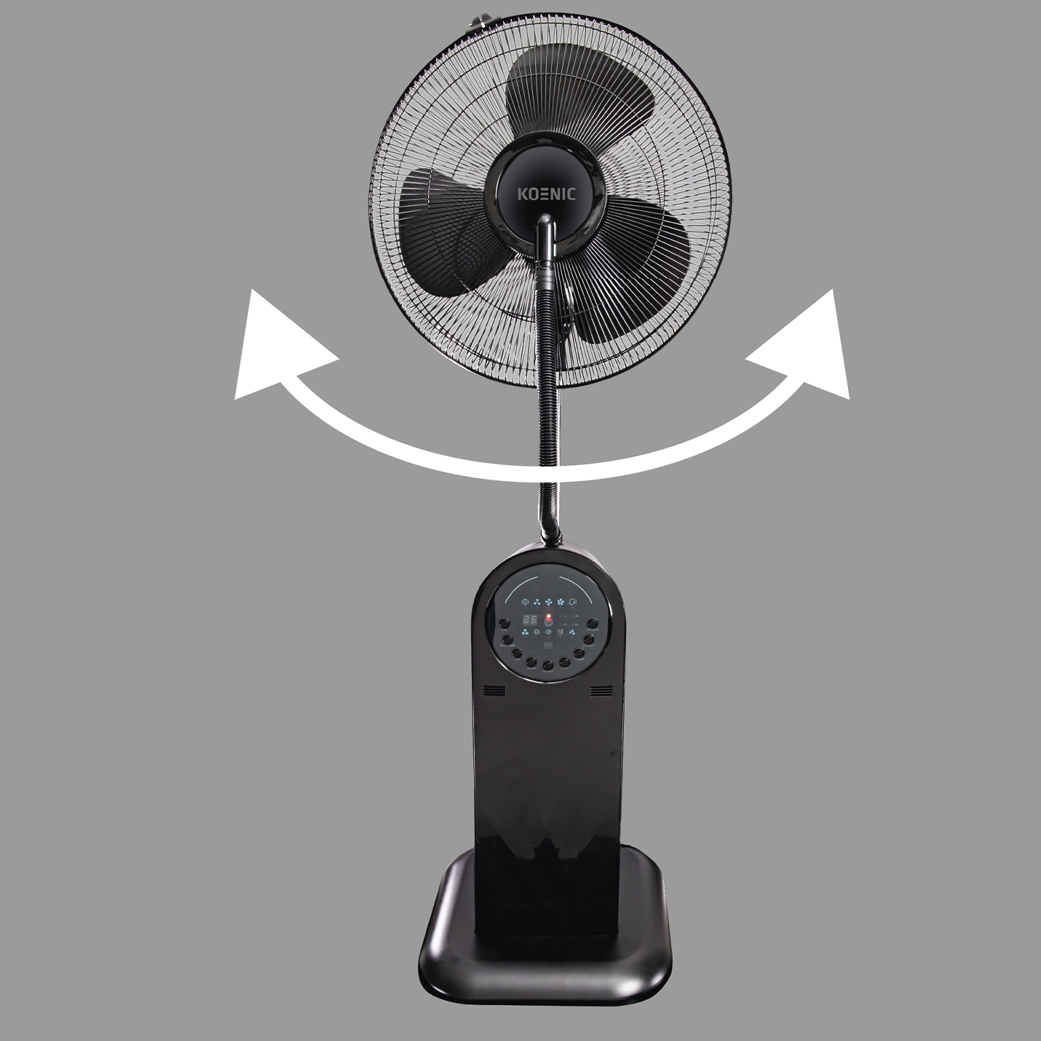 Ein schwarzer Standventilator mit Schwenkfunktion wird gezeigt.