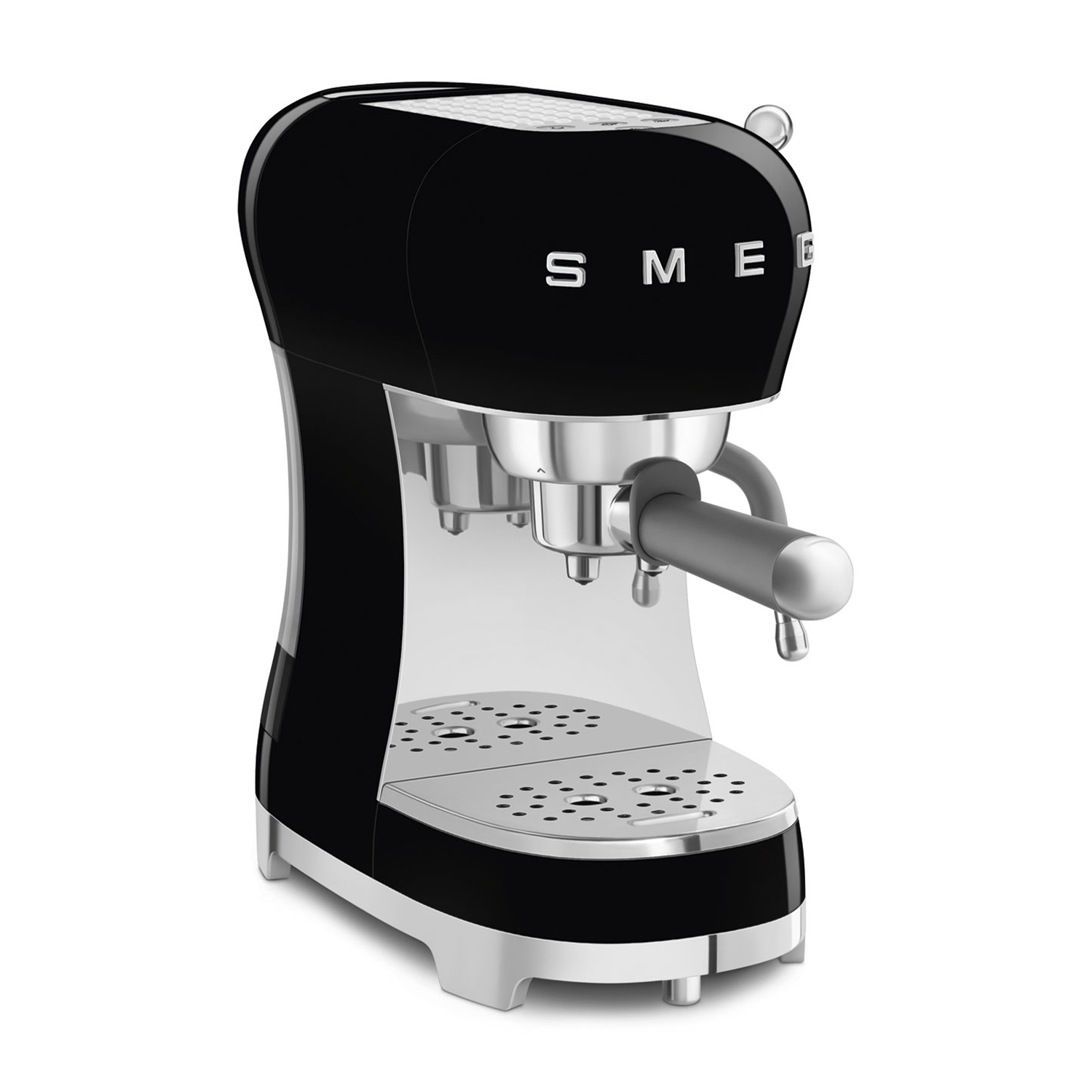 Schwarze Smeg Espressomaschine mit silbernen Akzenten auf weißem Hintergrund.