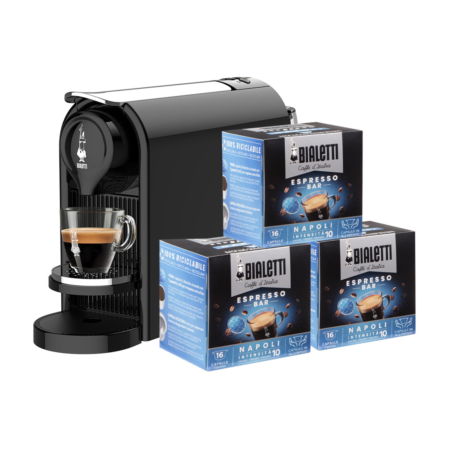 Macchina espresso Bialetti nera con tazza di espresso e tre confezioni di capsule.