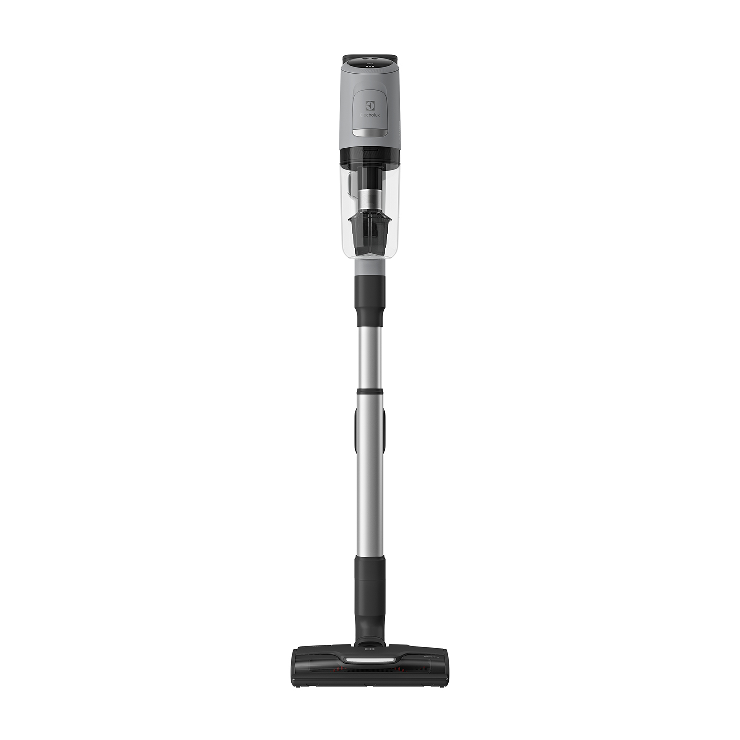 Un aspirateur sans fil gris et épuré avec une tête de sol noire se tient sur fond blanc.