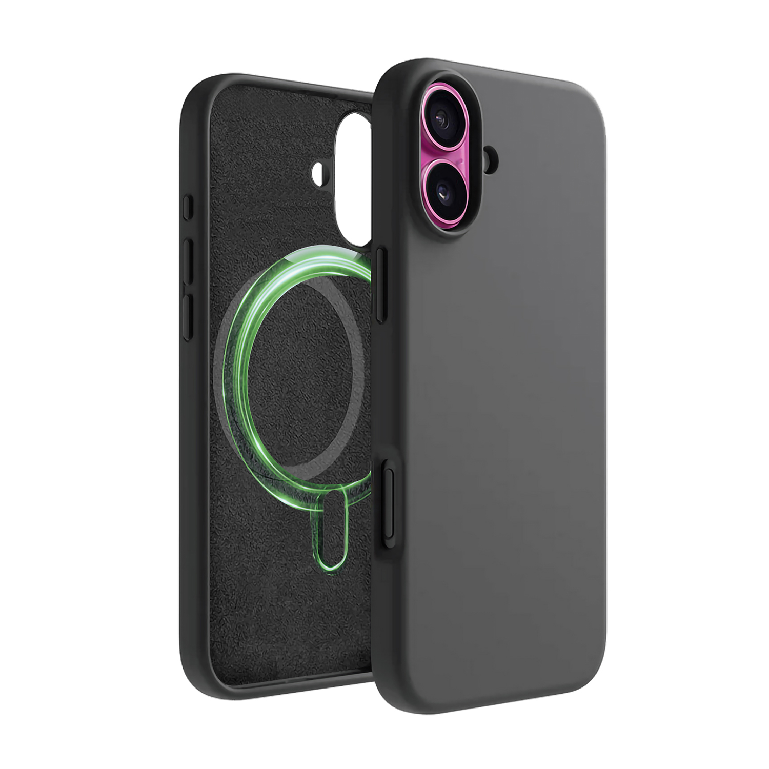 Coque de téléphone noire avec anneau MagSafe et découpe caméra, sur fond blanc.