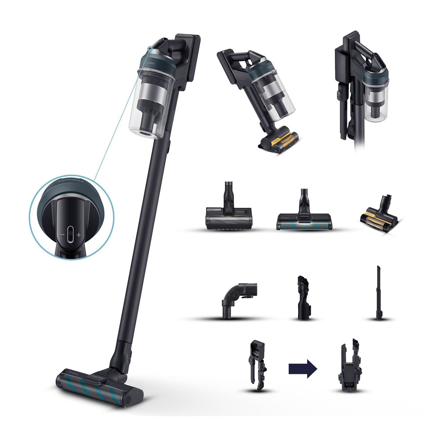 Un aspirateur sans fil noir avec accessoires et un gros plan de son panneau de commande.