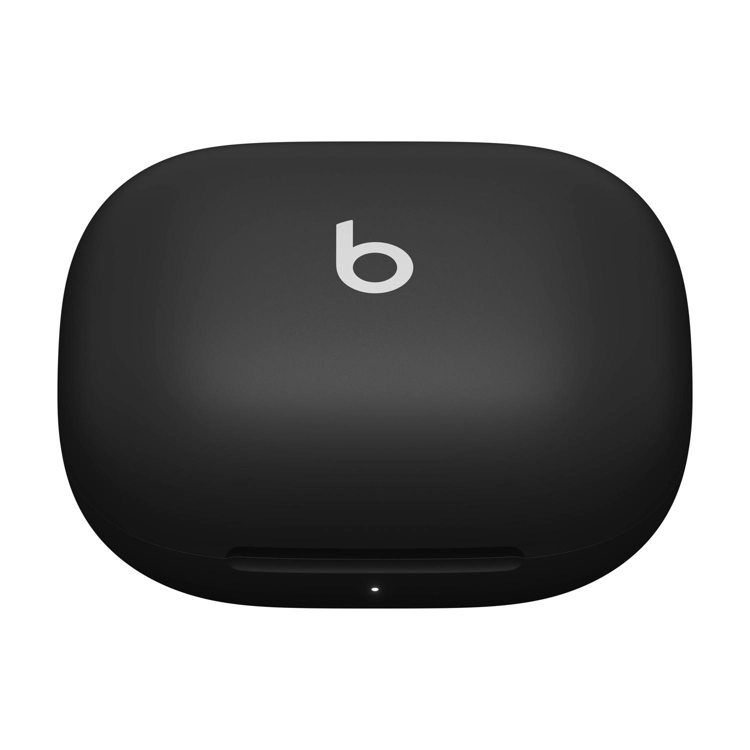 Czarne etui ładujące słuchawek Beats z białym logo i diodą.