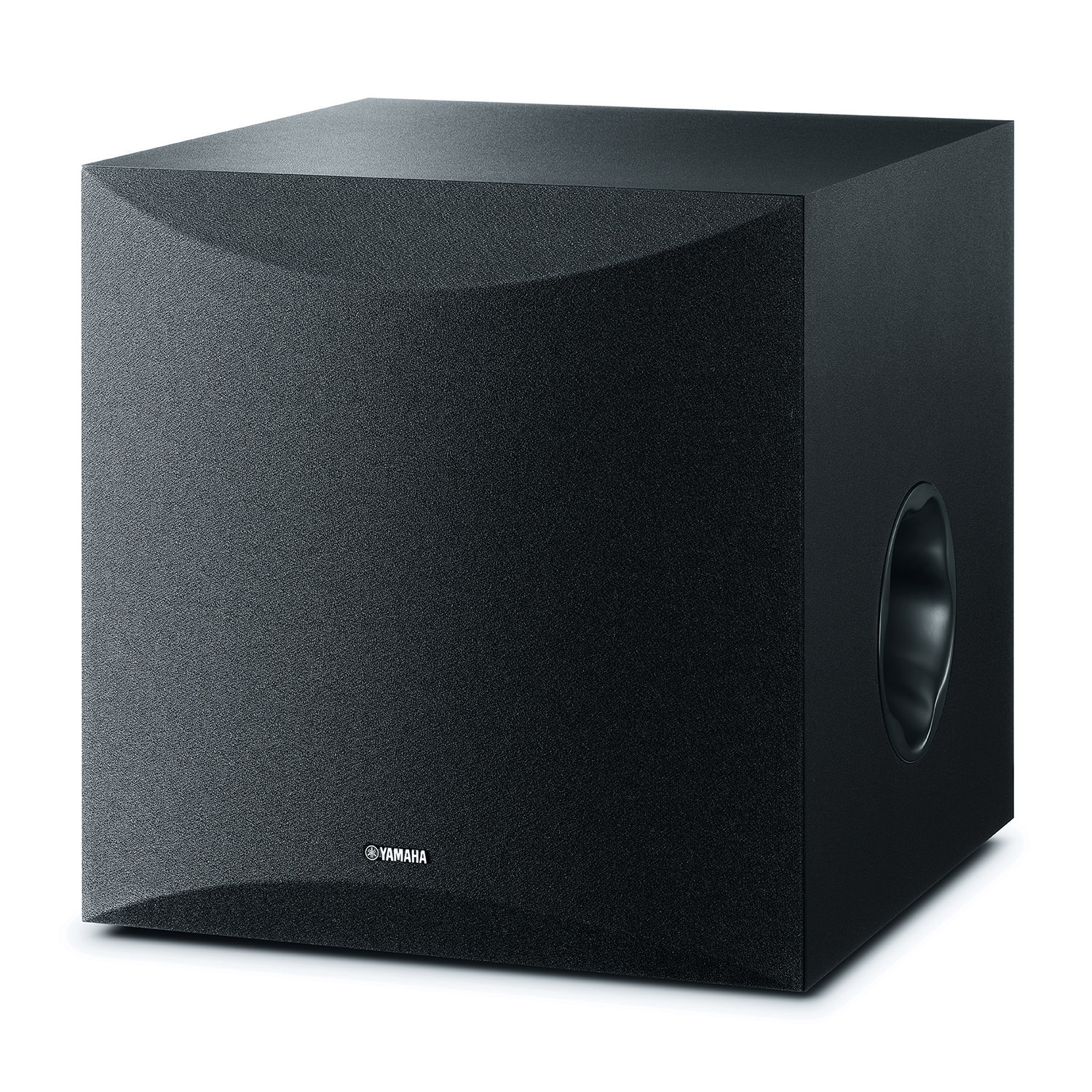 Yuvarlak bas refleks portlu siyah Yamaha subwoofer beyaz arka planda.