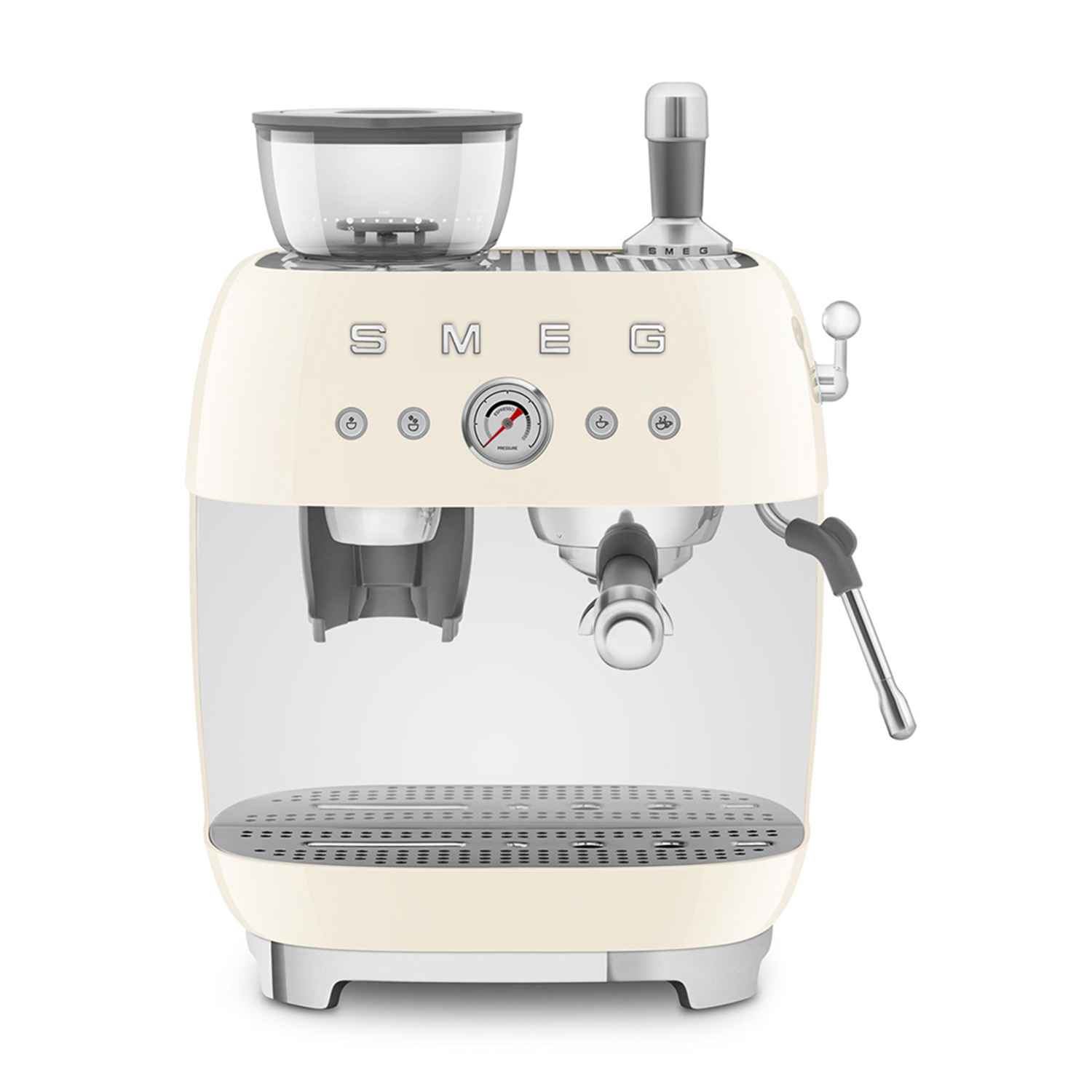 Kremowa maszyna do espresso Smeg z młynkiem i dyszą parową.