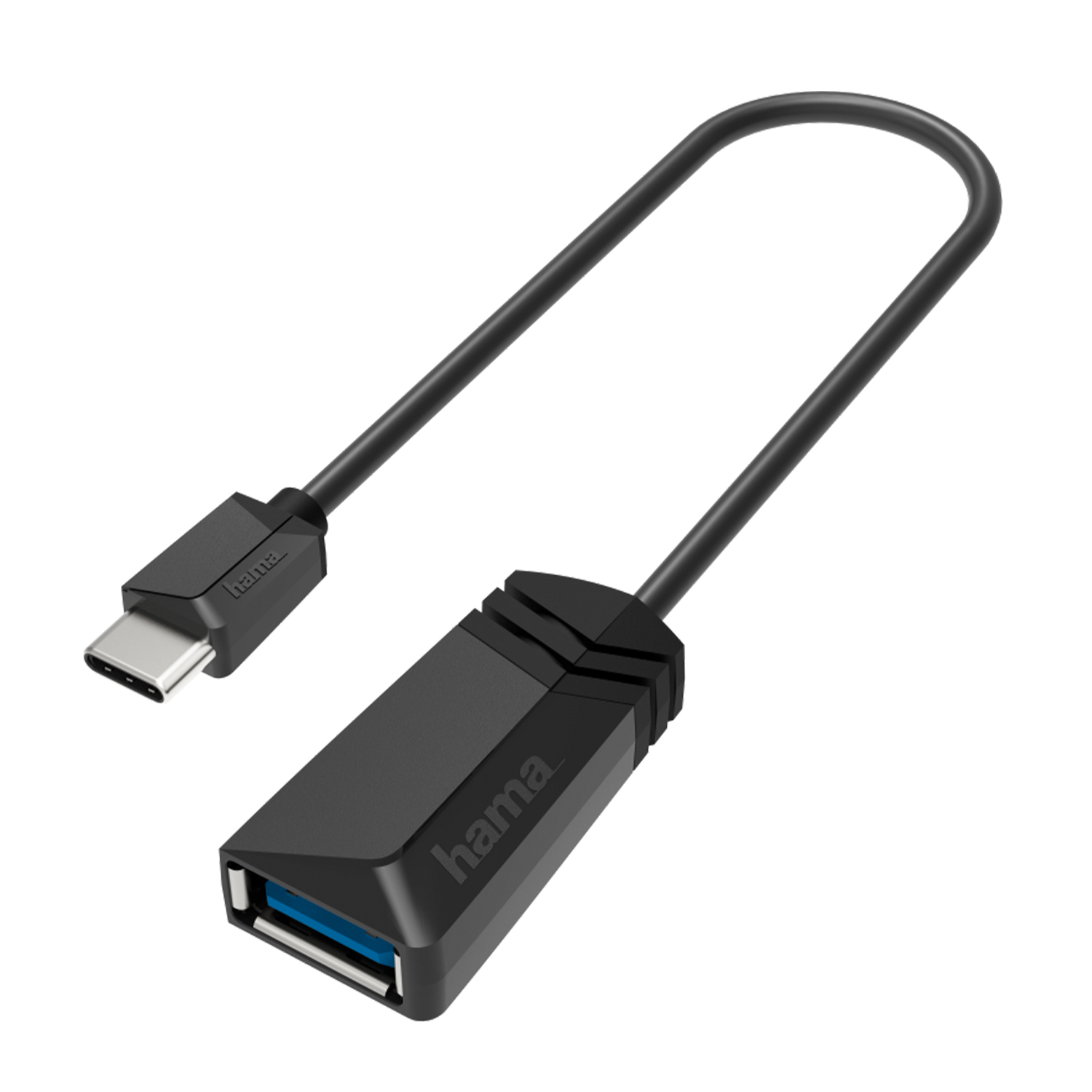 Ein schwarzer USB-C-Adapter mit einem USB-A-Anschluss und einem USB-C-Stecker.