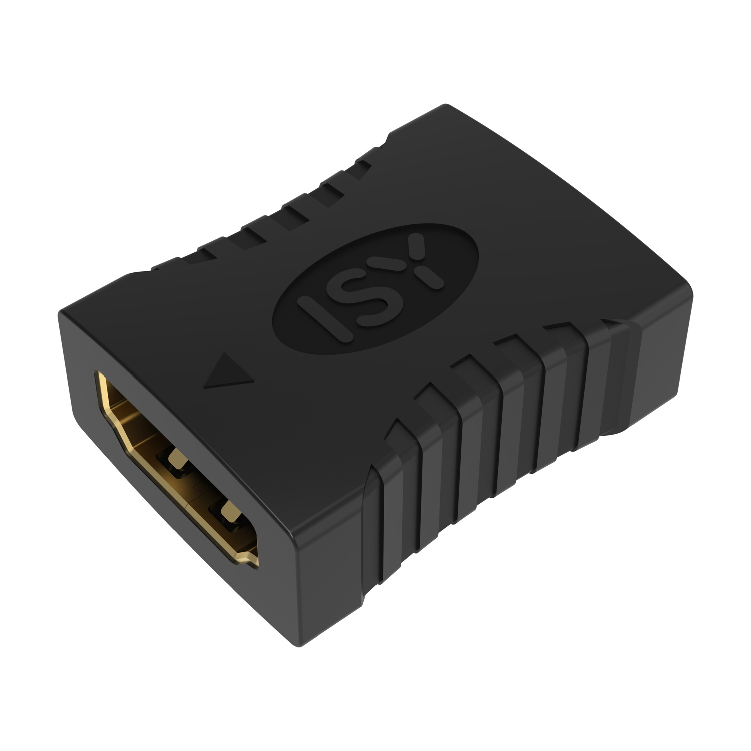 Schwarzer HDMI-Adapter mit goldenen Kontakten und ISY-Logo.