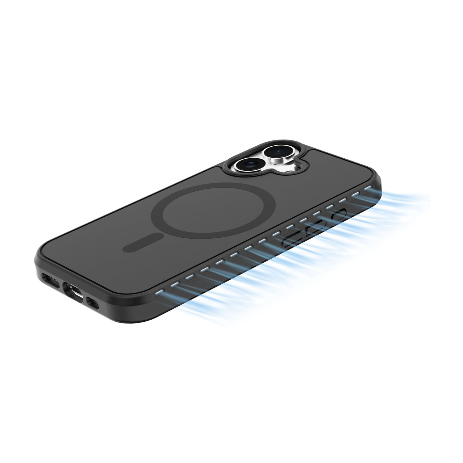 Schwarze Handyhülle mit MagSafe-Kreis und Lüftungsschlitzen.