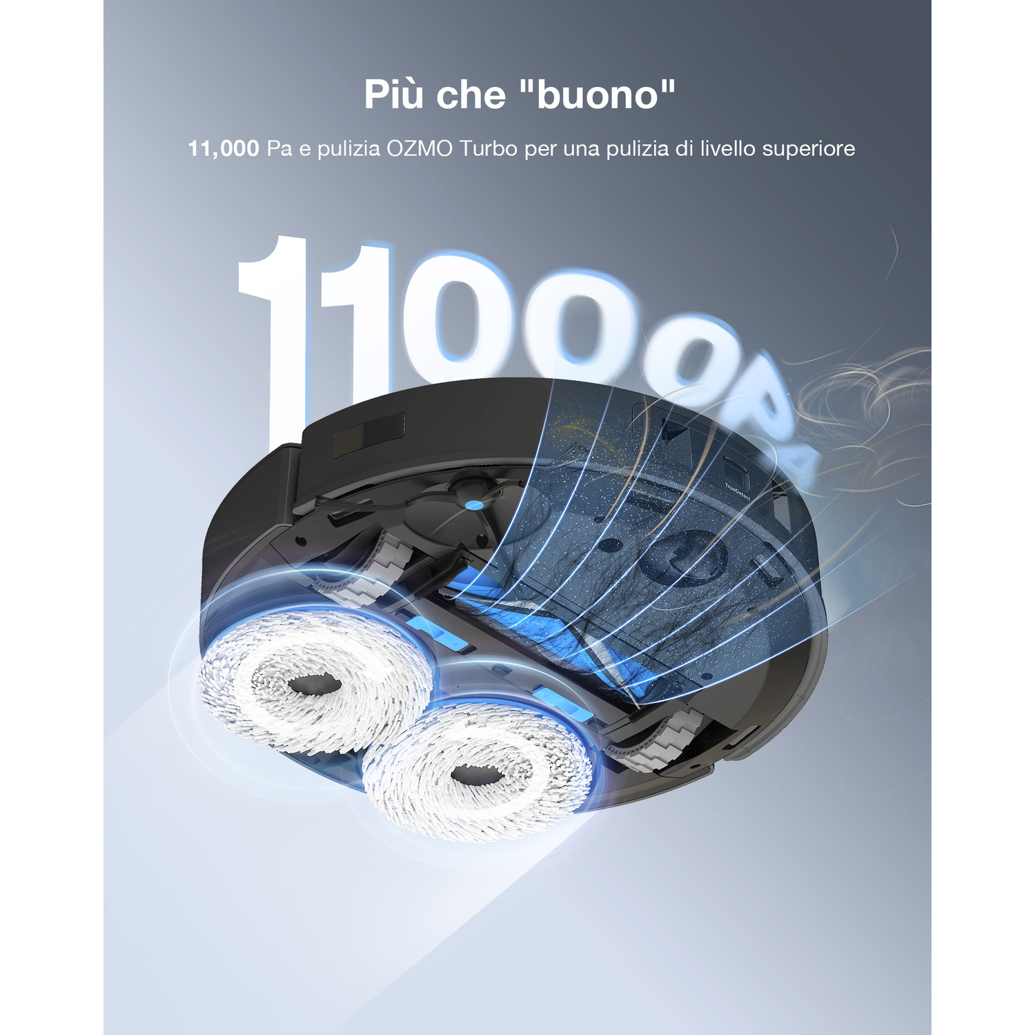 Ein Saugroboter mit zwei rotierenden Bürsten und der Angabe 11.000 Pa.