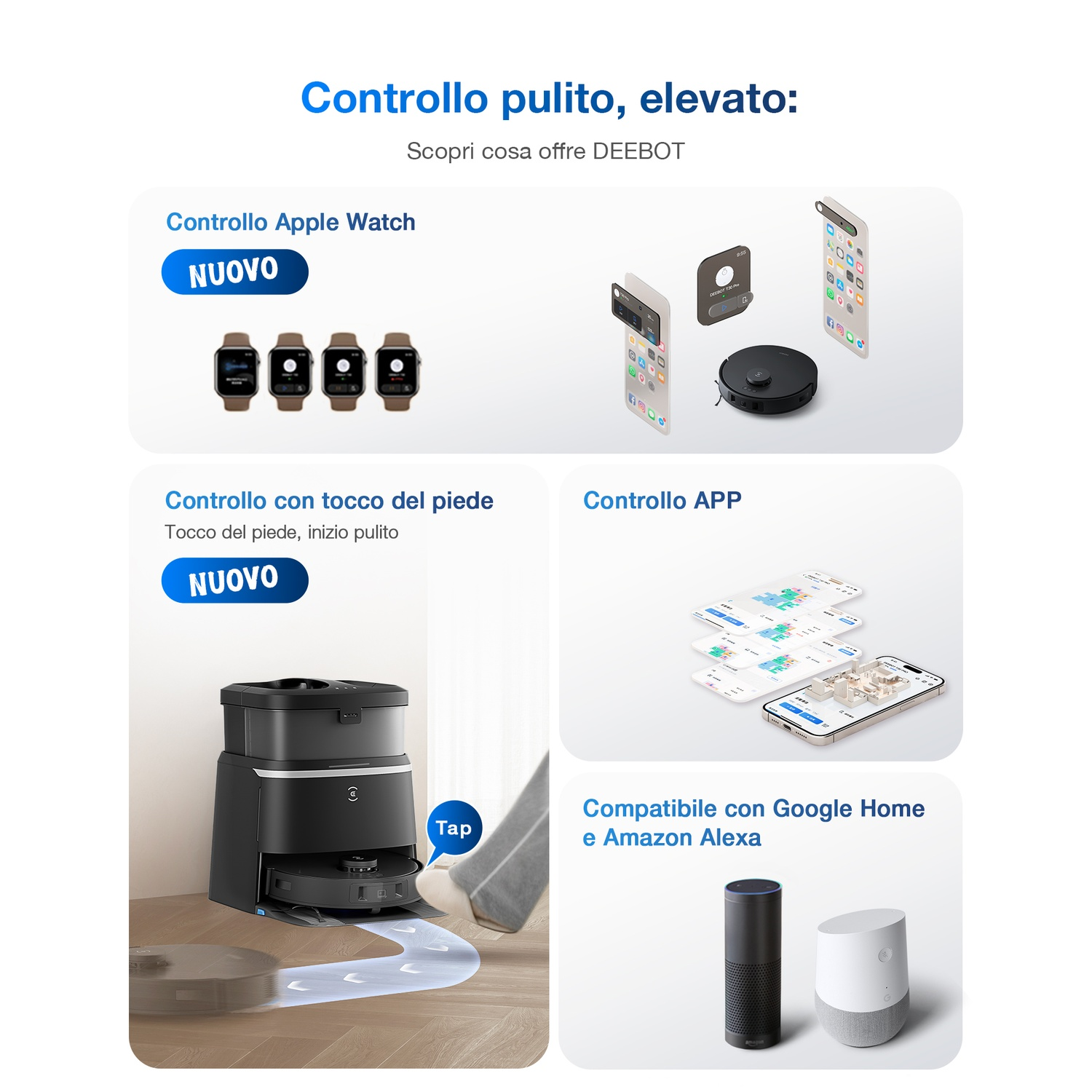 Ein Roboterstaubsauger mit Ladestation, Apple Watches, Smartphones und Smart-Home-Geräten.