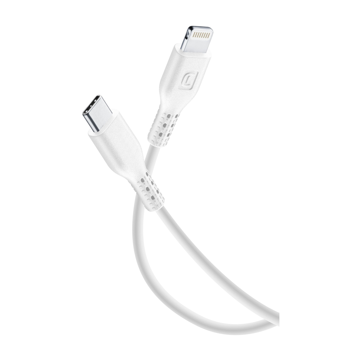 Ein weißes USB-C- und Lightning-Kabel auf weißem Hintergrund.