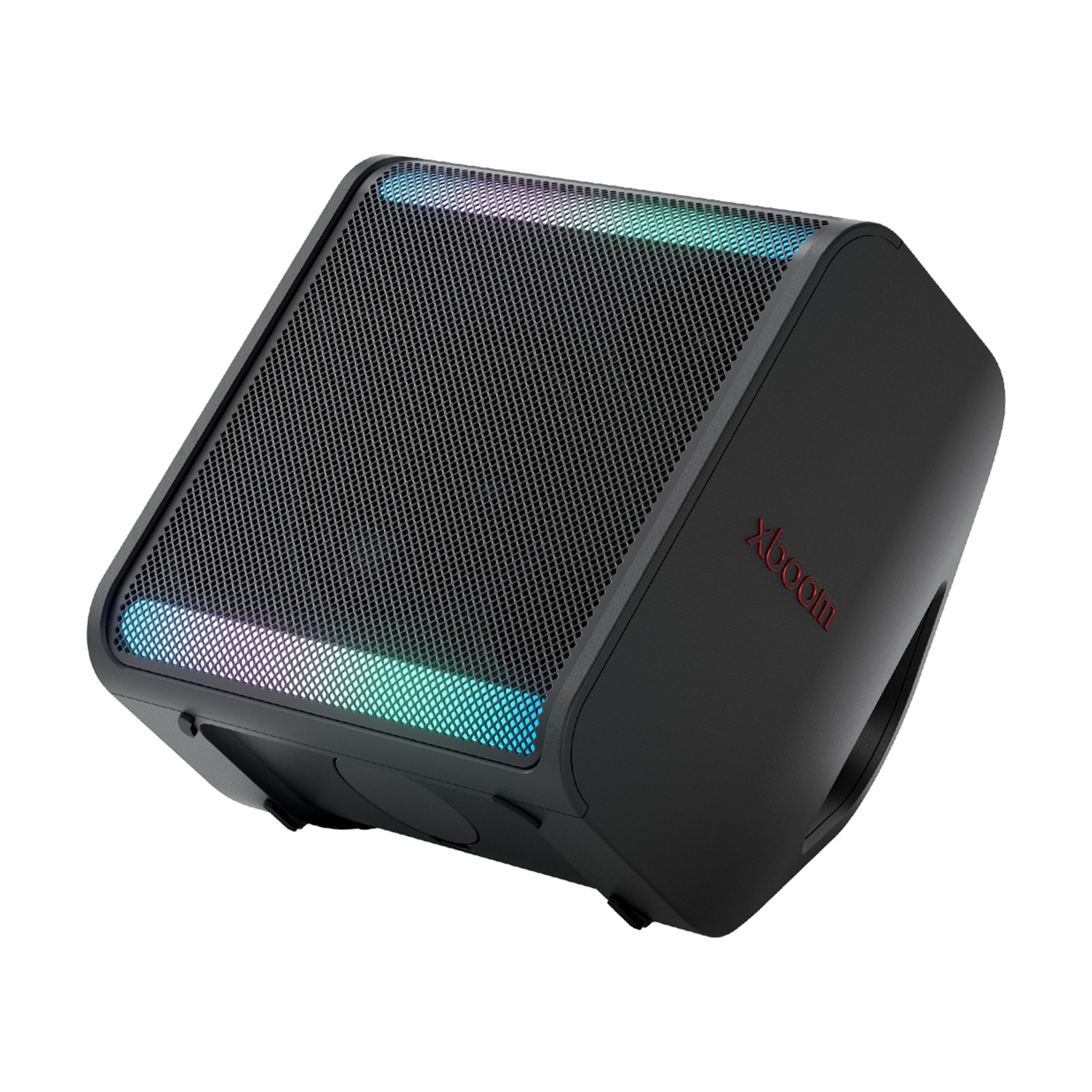 Schwarzer Lautsprecher mit RGB-Beleuchtung und dem Xbooom-Logo.