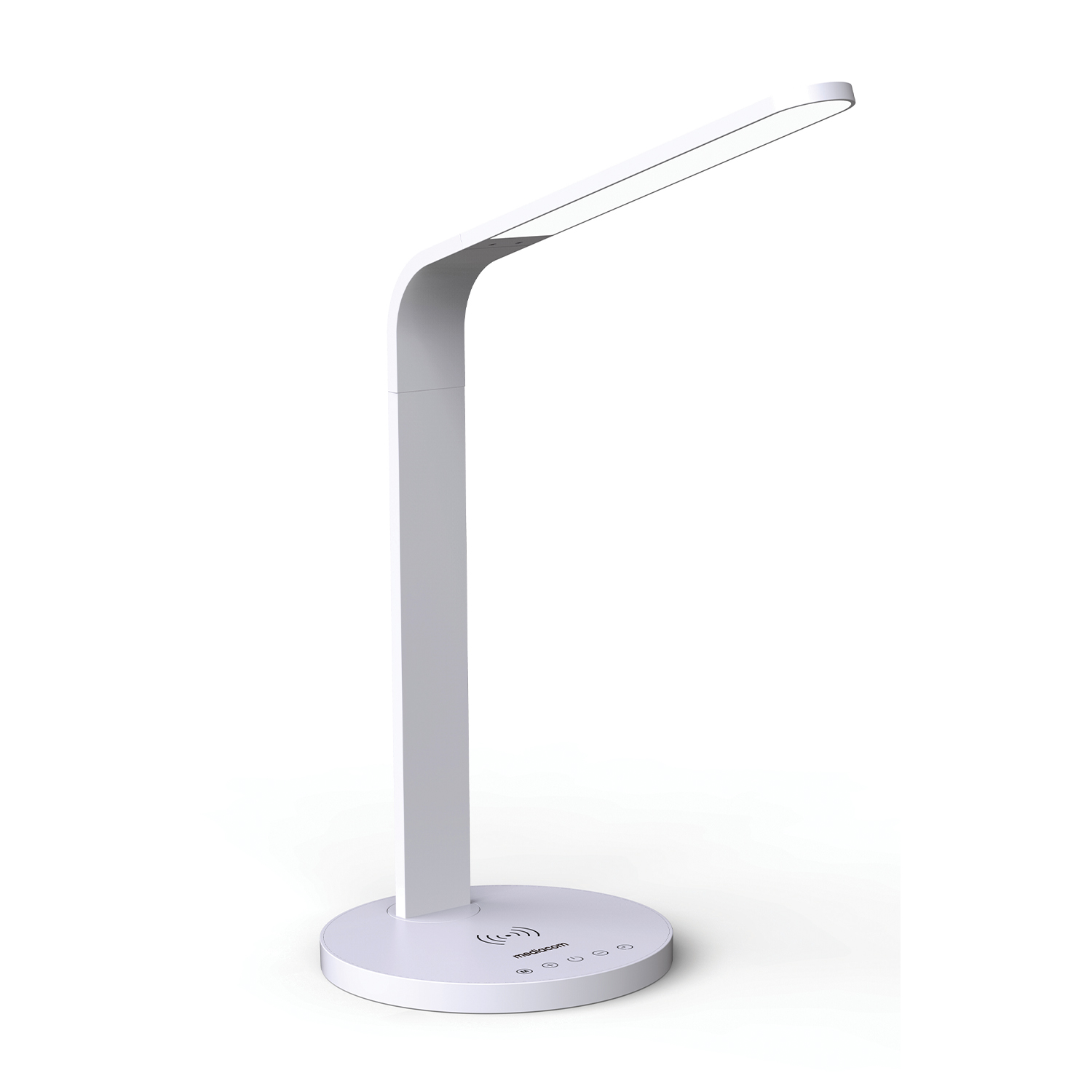 Una lampada da scrivania a LED bianca con braccio sottile e base rotonda.