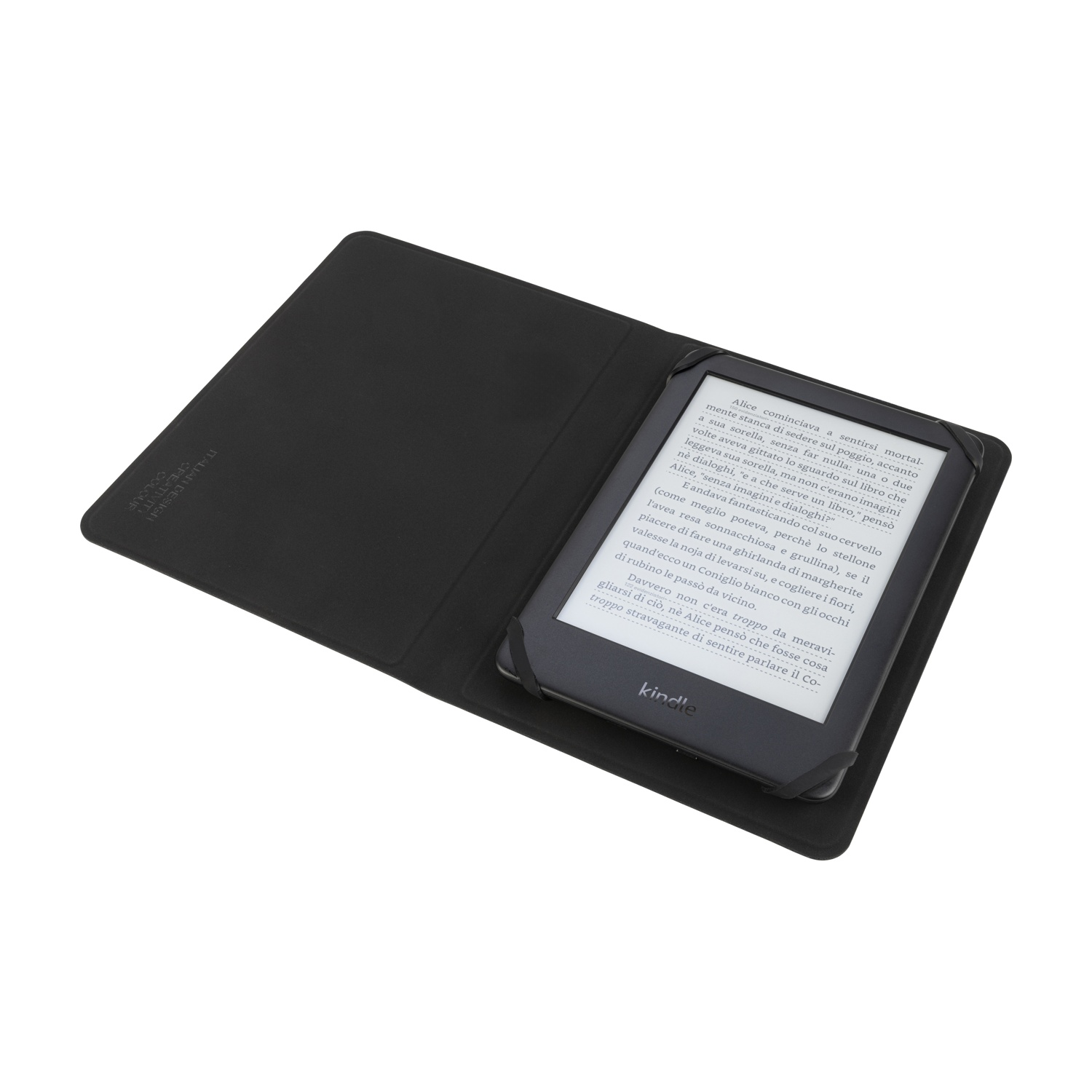 Un lector electrónico Kindle negro descansa abierto dentro de una funda negra.