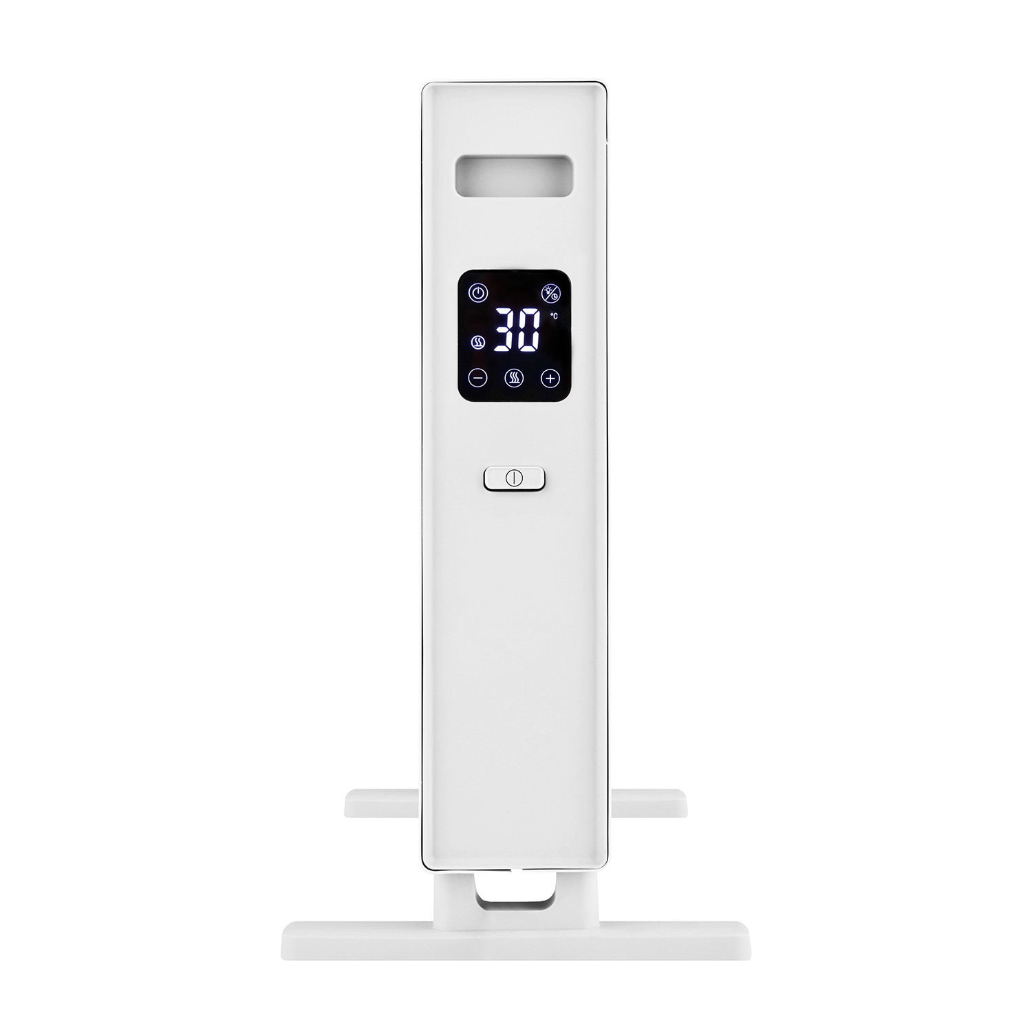 Ein weißer Digitalradiator mit Display, das 30 Grad anzeigt.