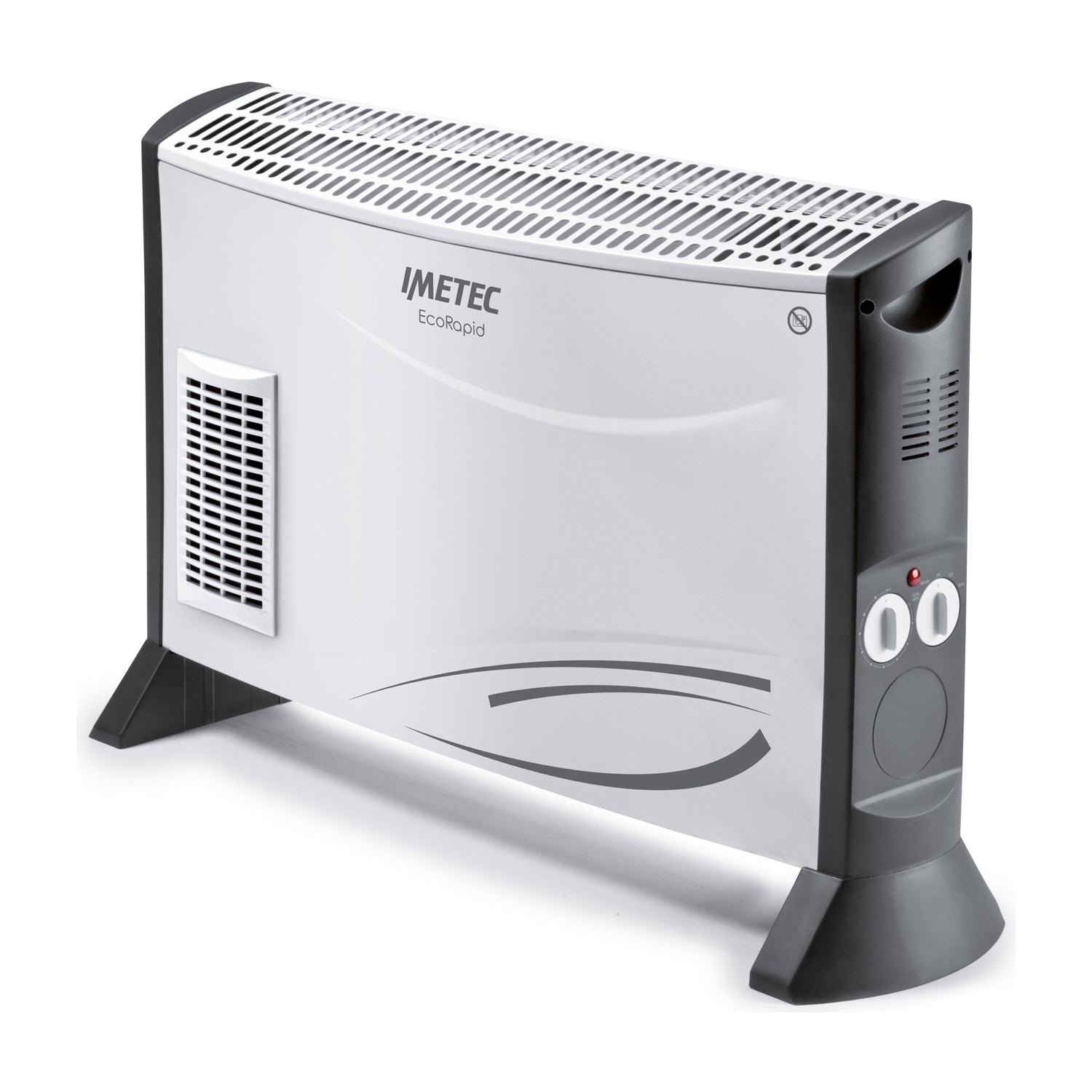 Biały i szary grzejnik elektryczny z kółkami, pokrętłami i uchwytem.