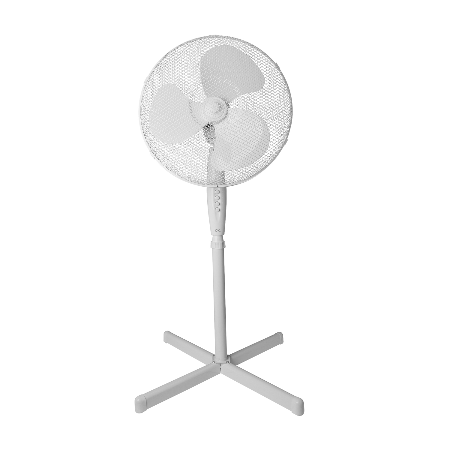 Biały wentylator stojący z trzema łopatkami i okrągłą siatkową osłoną.